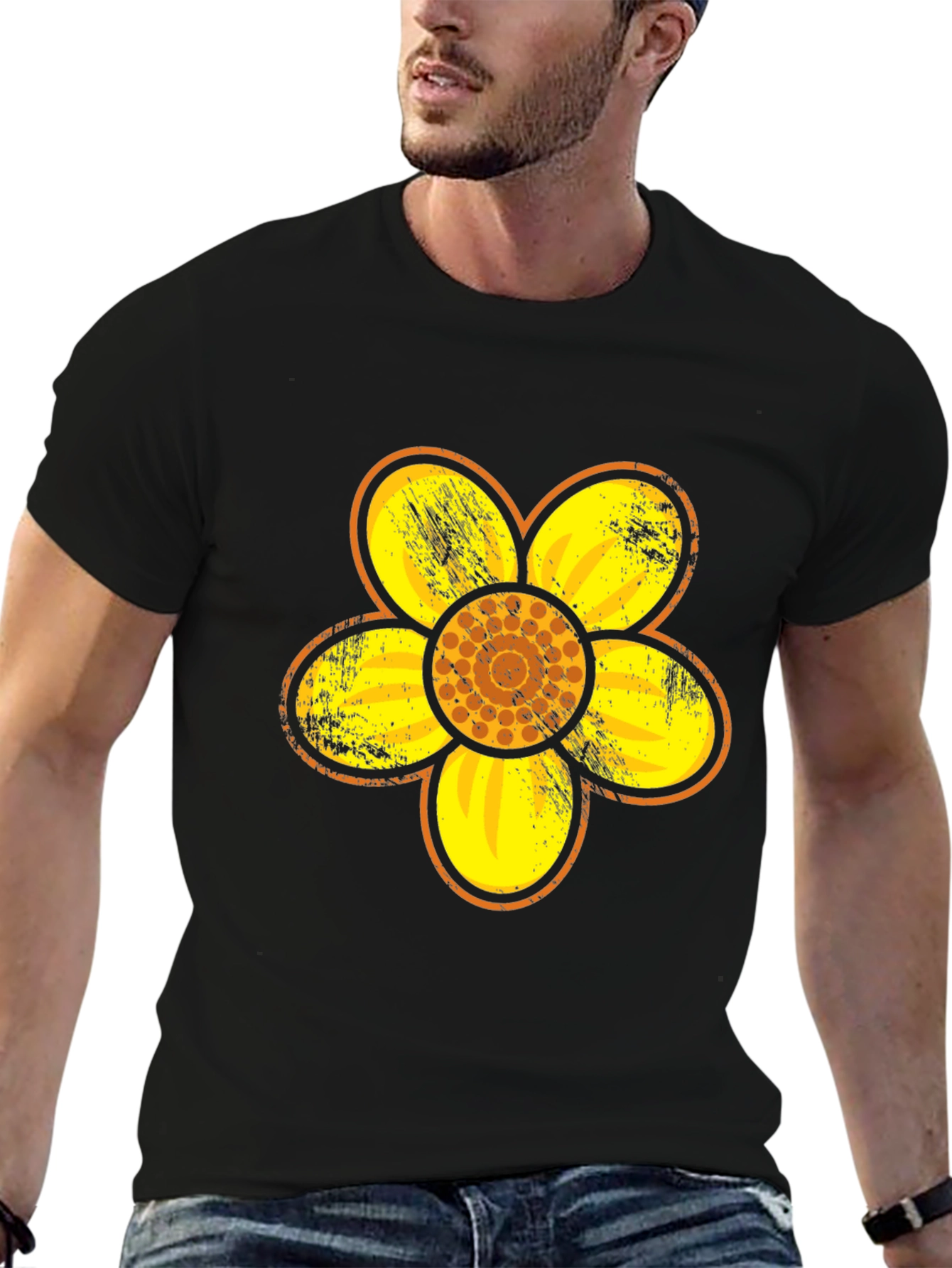 Retro Floral Graphic Tee - Black Cotton Blend