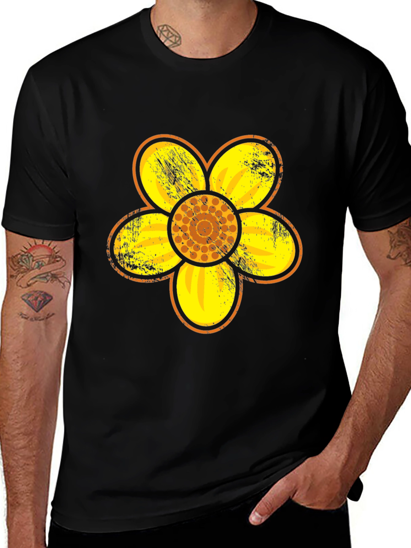Retro Floral Graphic Tee - Black Cotton Blend