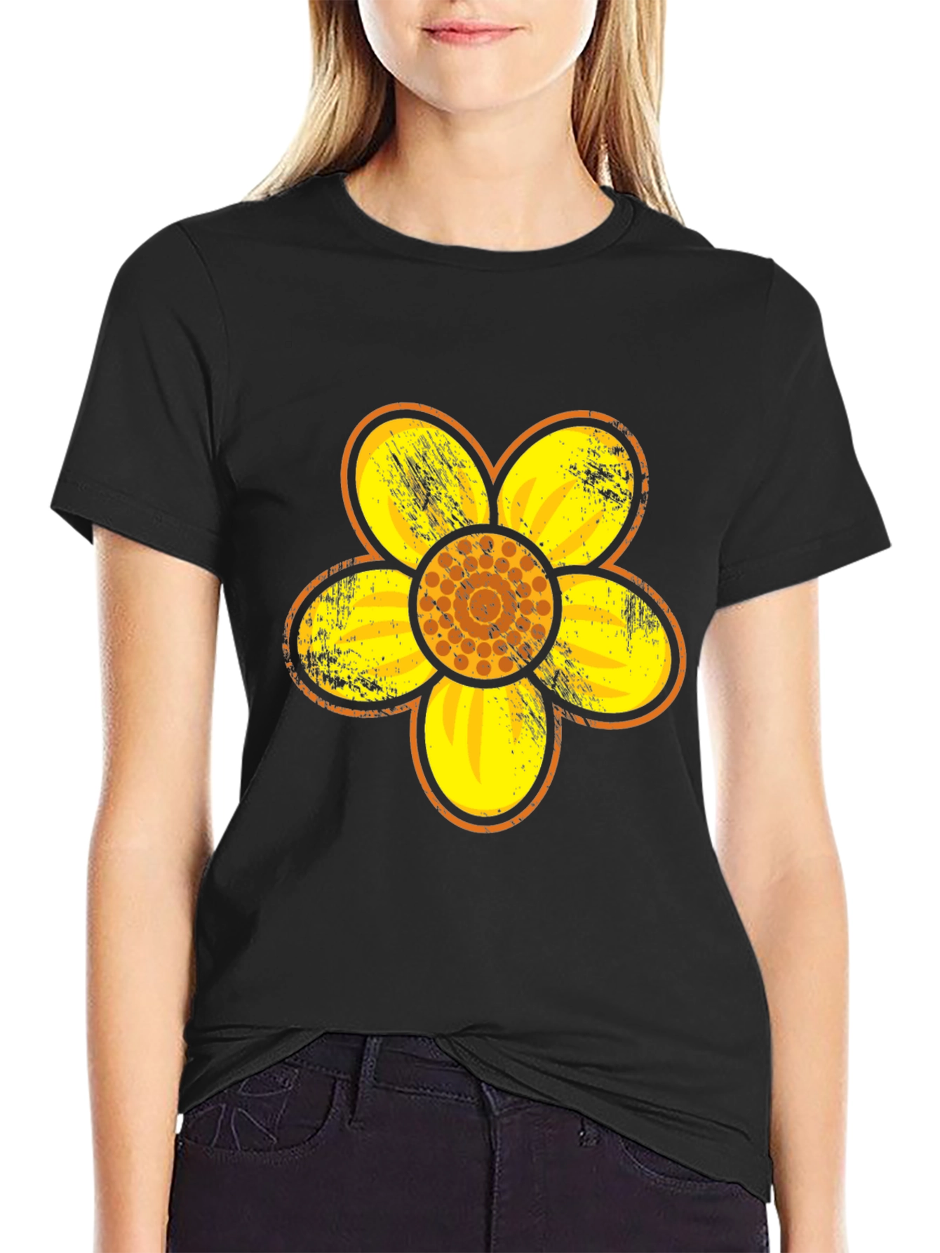 Retro Floral Graphic Tee - Black Cotton Blend