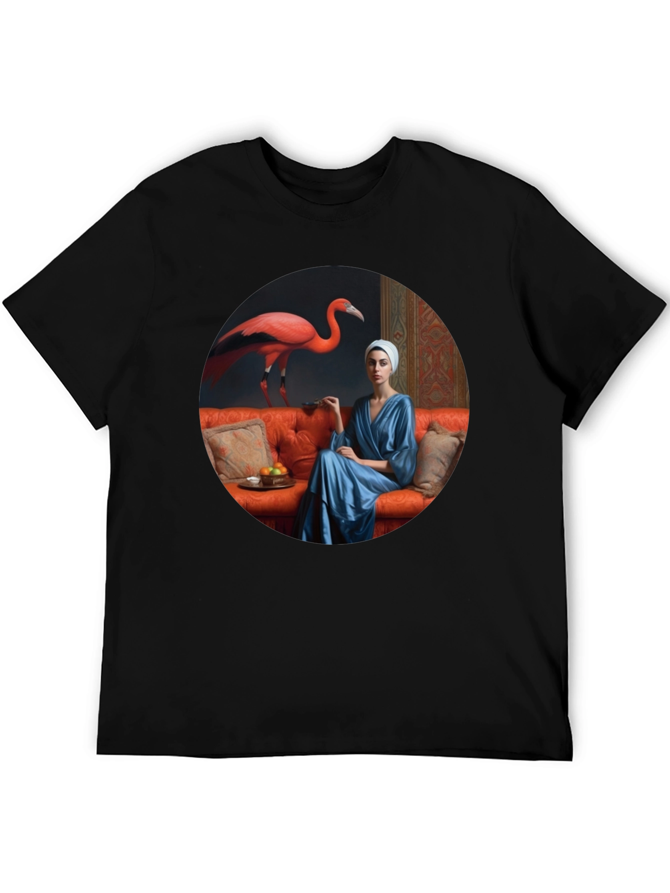 Whimsical Flamingo & Lady Portrait Graphic T-Shirt