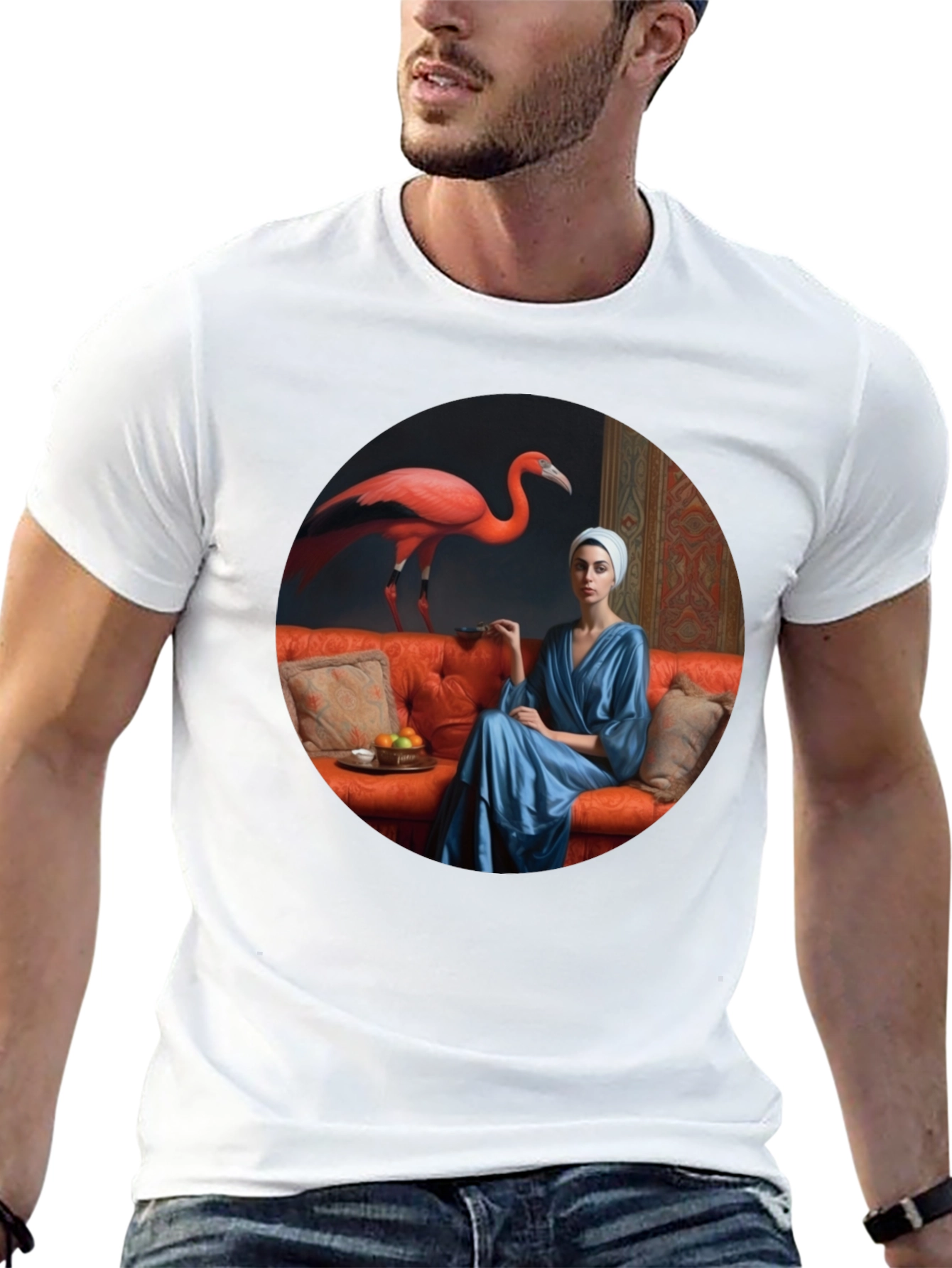Whimsical Flamingo & Lady Portrait Graphic T-Shirt