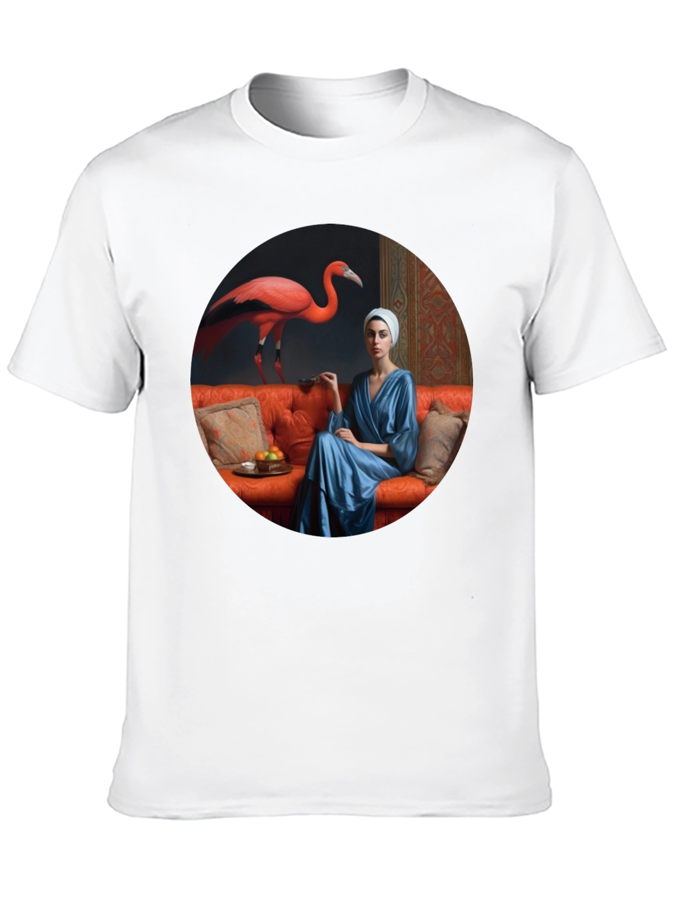 Whimsical Flamingo & Lady Portrait Graphic T-Shirt