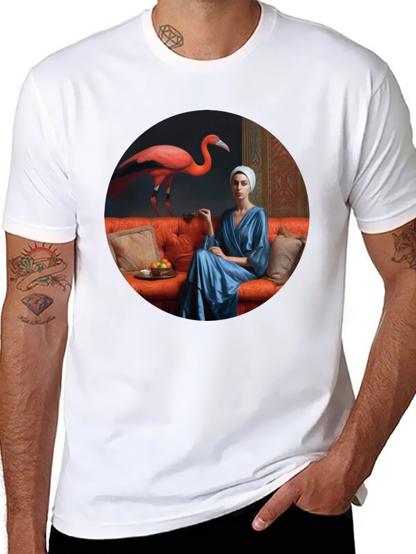 Whimsical Flamingo & Lady Portrait Graphic T-Shirt