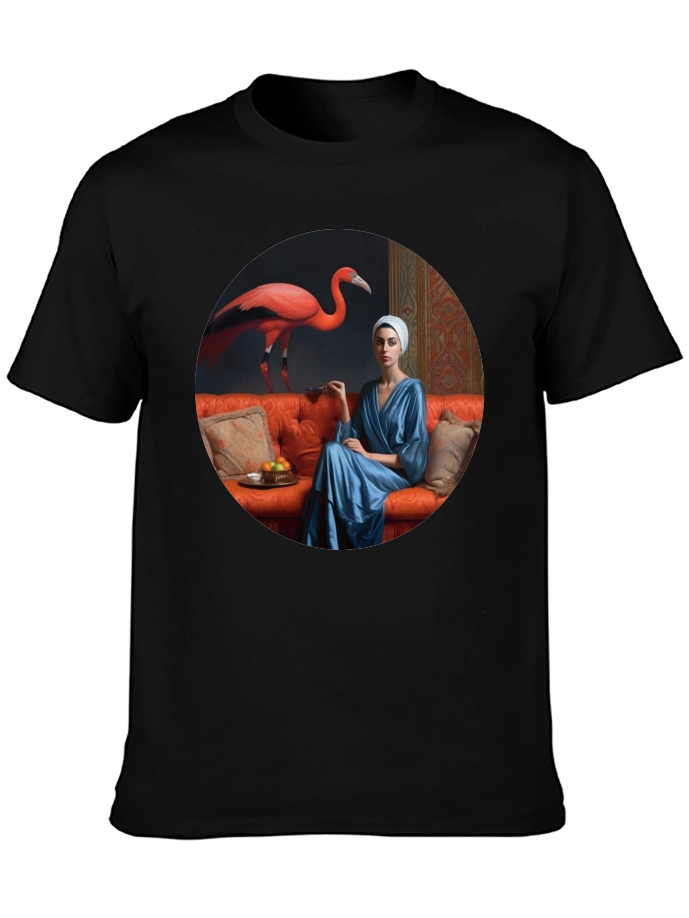 Whimsical Flamingo & Lady Portrait Graphic T-Shirt