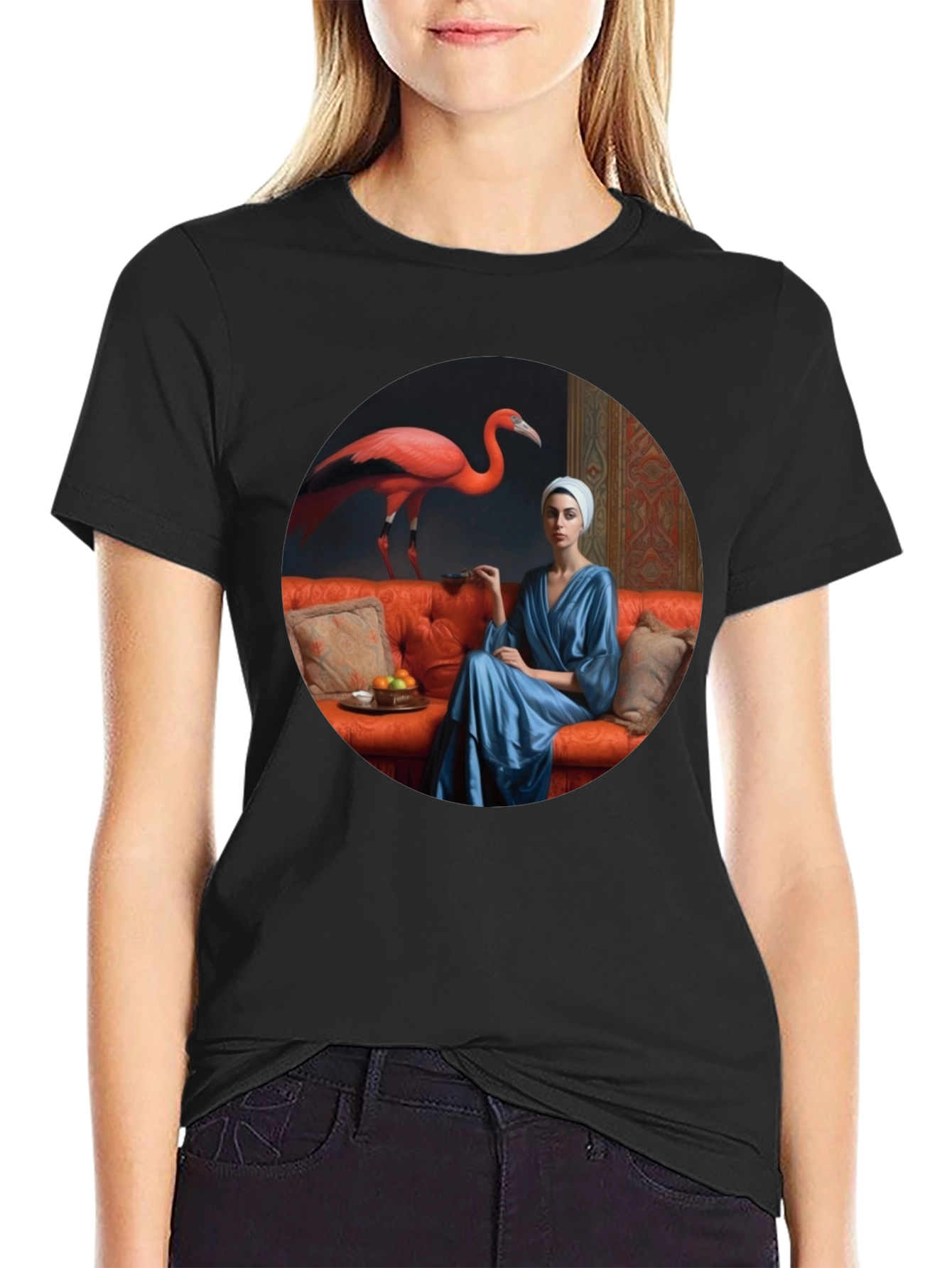 Whimsical Flamingo & Lady Portrait Graphic T-Shirt