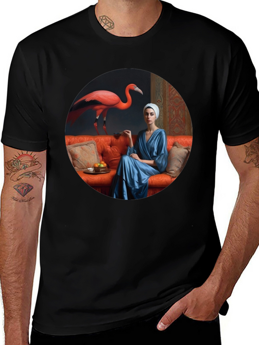 Whimsical Flamingo & Lady Portrait Graphic T-Shirt