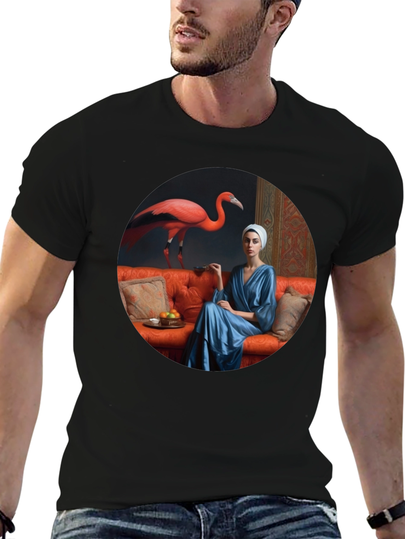 Whimsical Flamingo & Lady Portrait Graphic T-Shirt