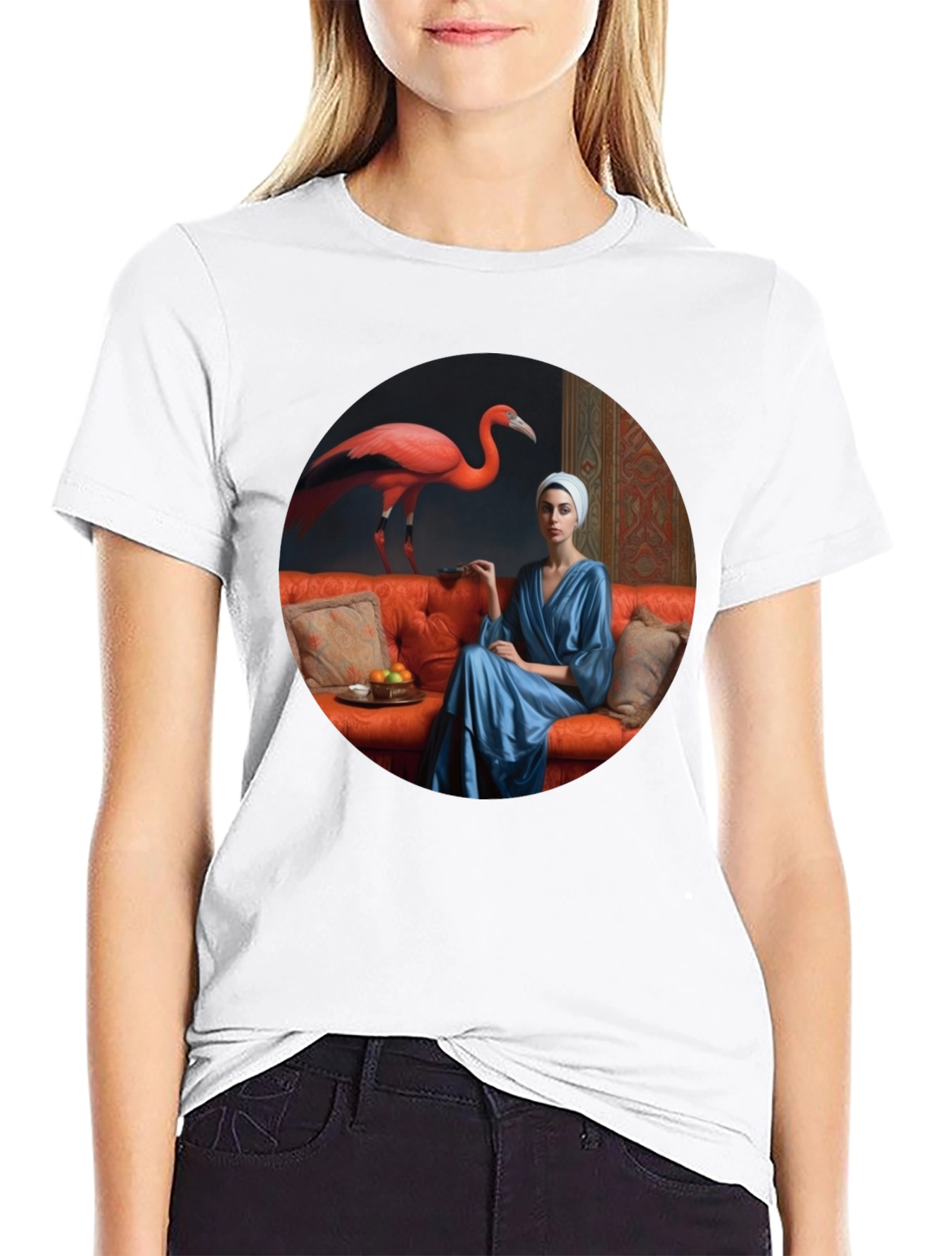 Whimsical Flamingo & Lady Portrait Graphic T-Shirt