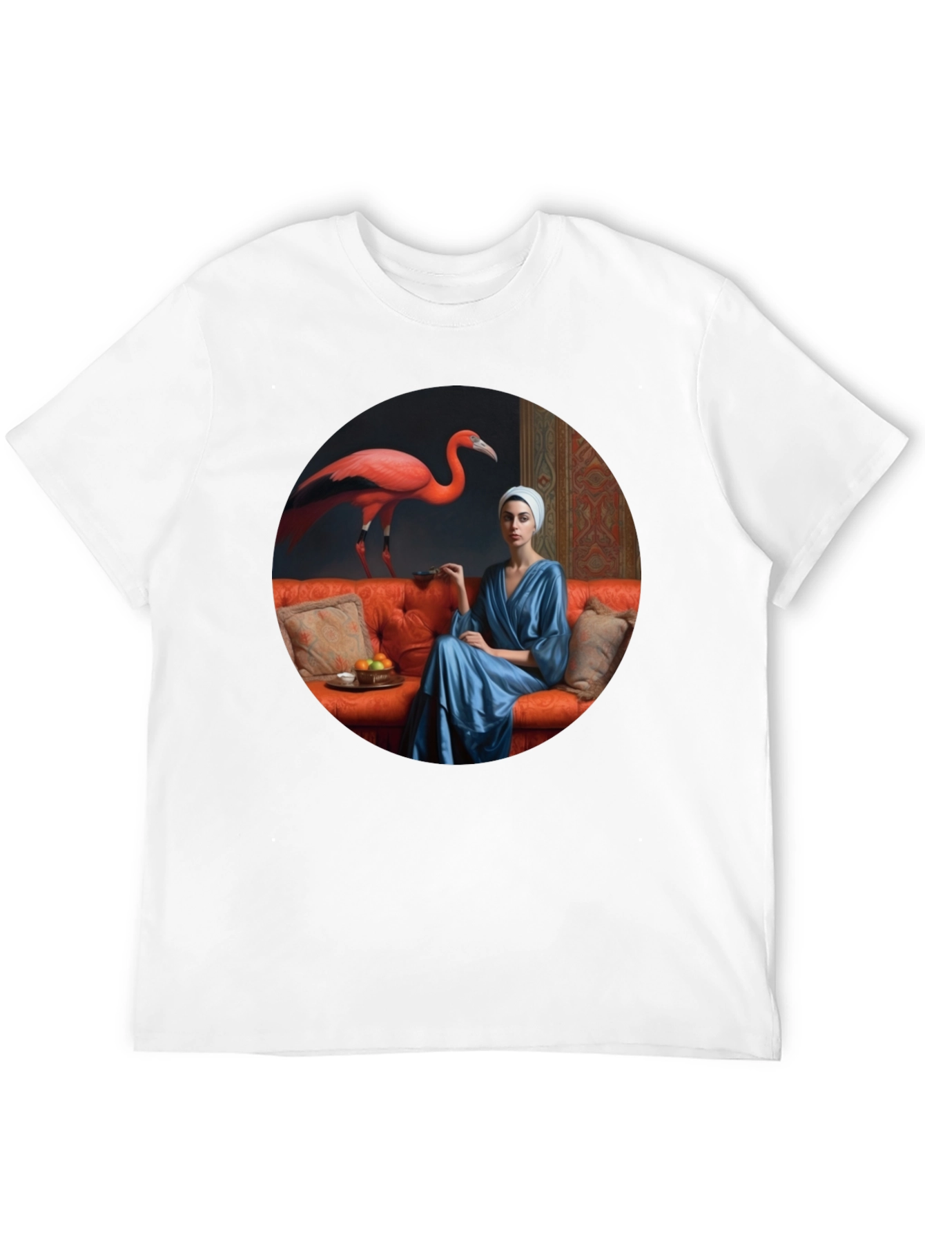 Whimsical Flamingo & Lady Portrait Graphic T-Shirt