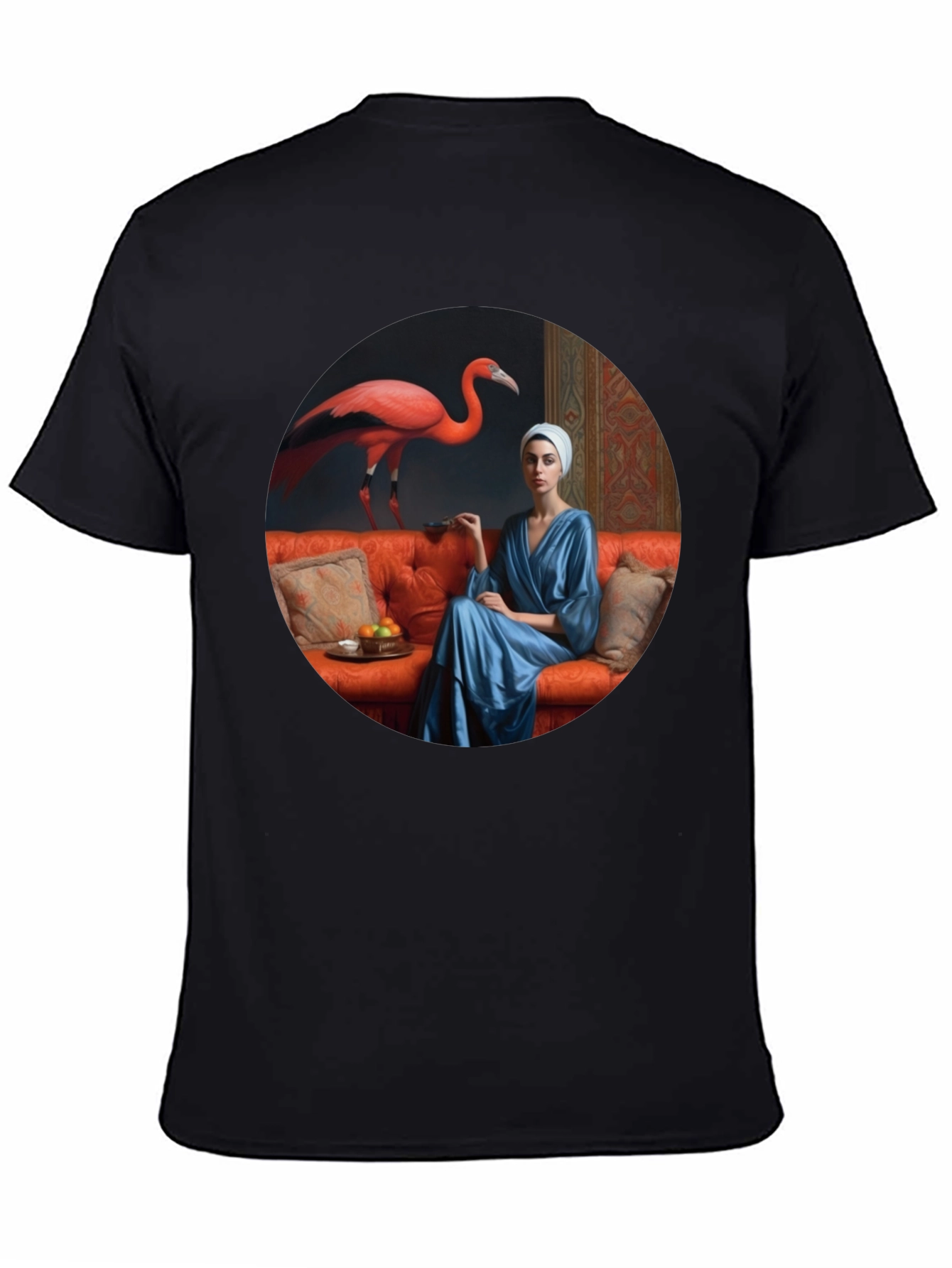 Whimsical Flamingo & Lady Portrait Graphic T-Shirt