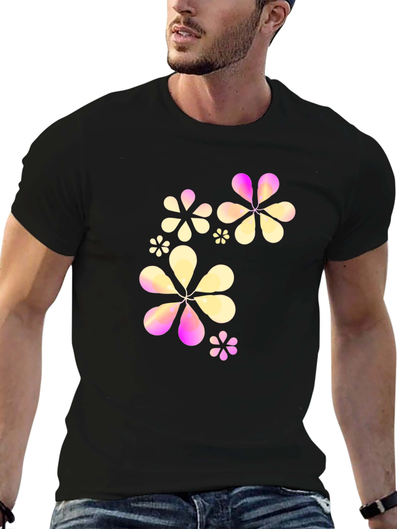 Floral Graphic Print Black Crew Neck T-Shirt