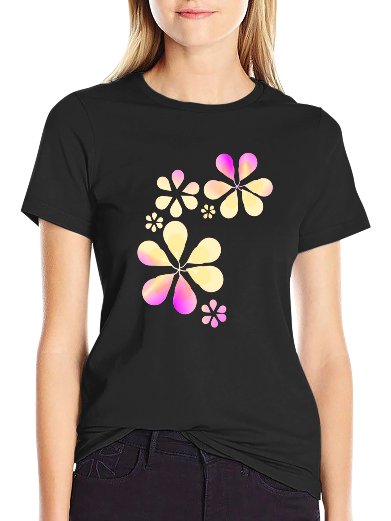 Floral Graphic Print Black Crew Neck T-Shirt