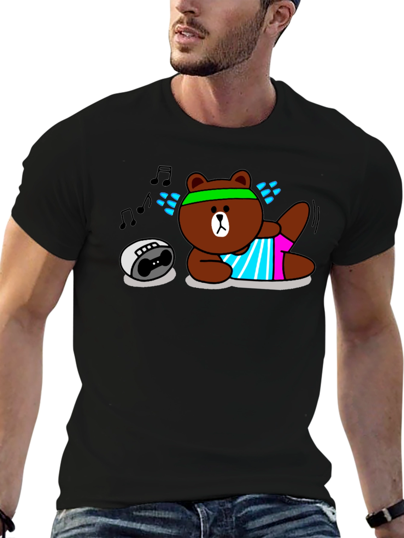 Workout Bear Graphic T-Shirt - Black Cotton
