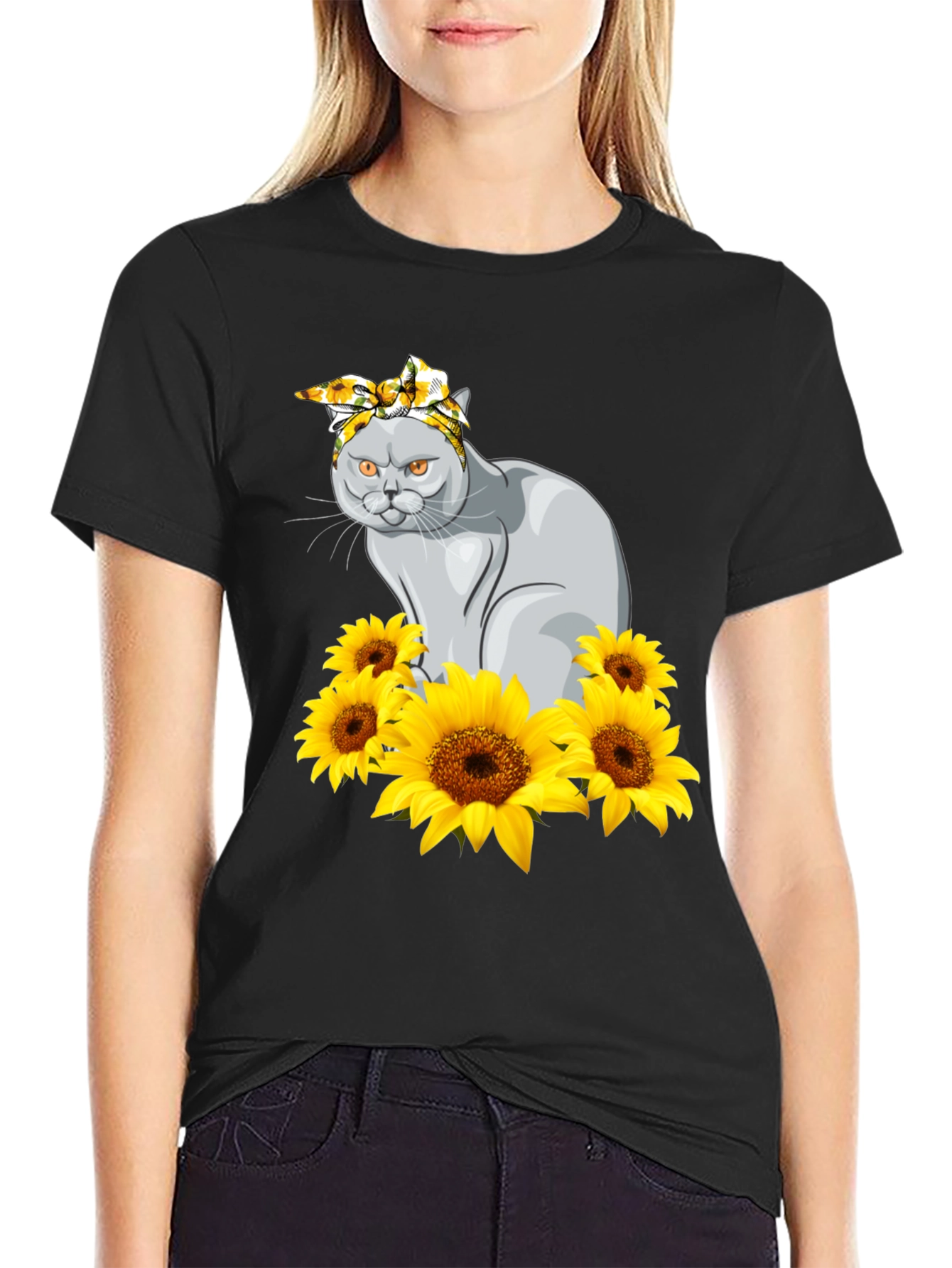 Cat in Sunflowers Graphic T-Shirt