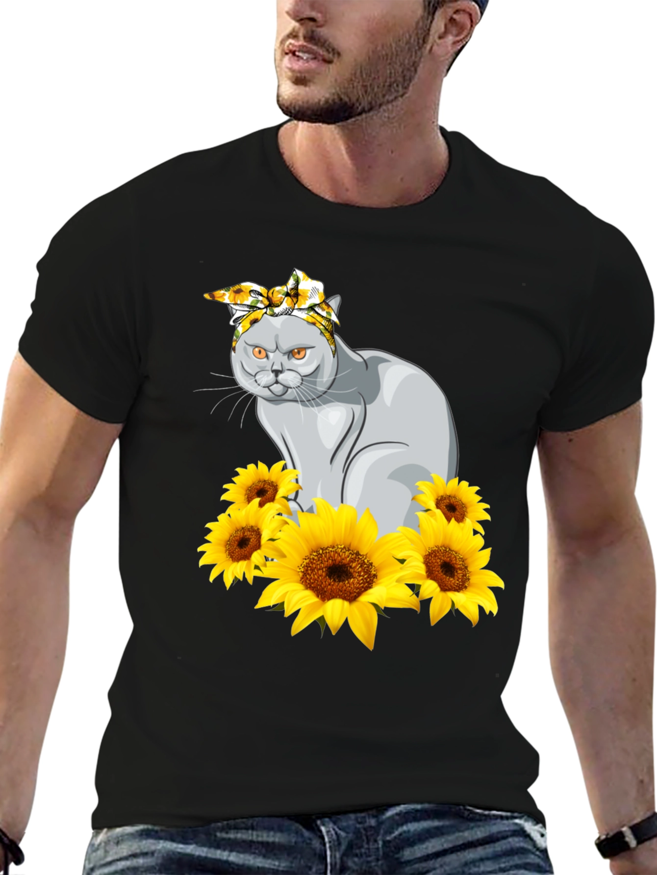 Cat in Sunflowers Graphic T-Shirt