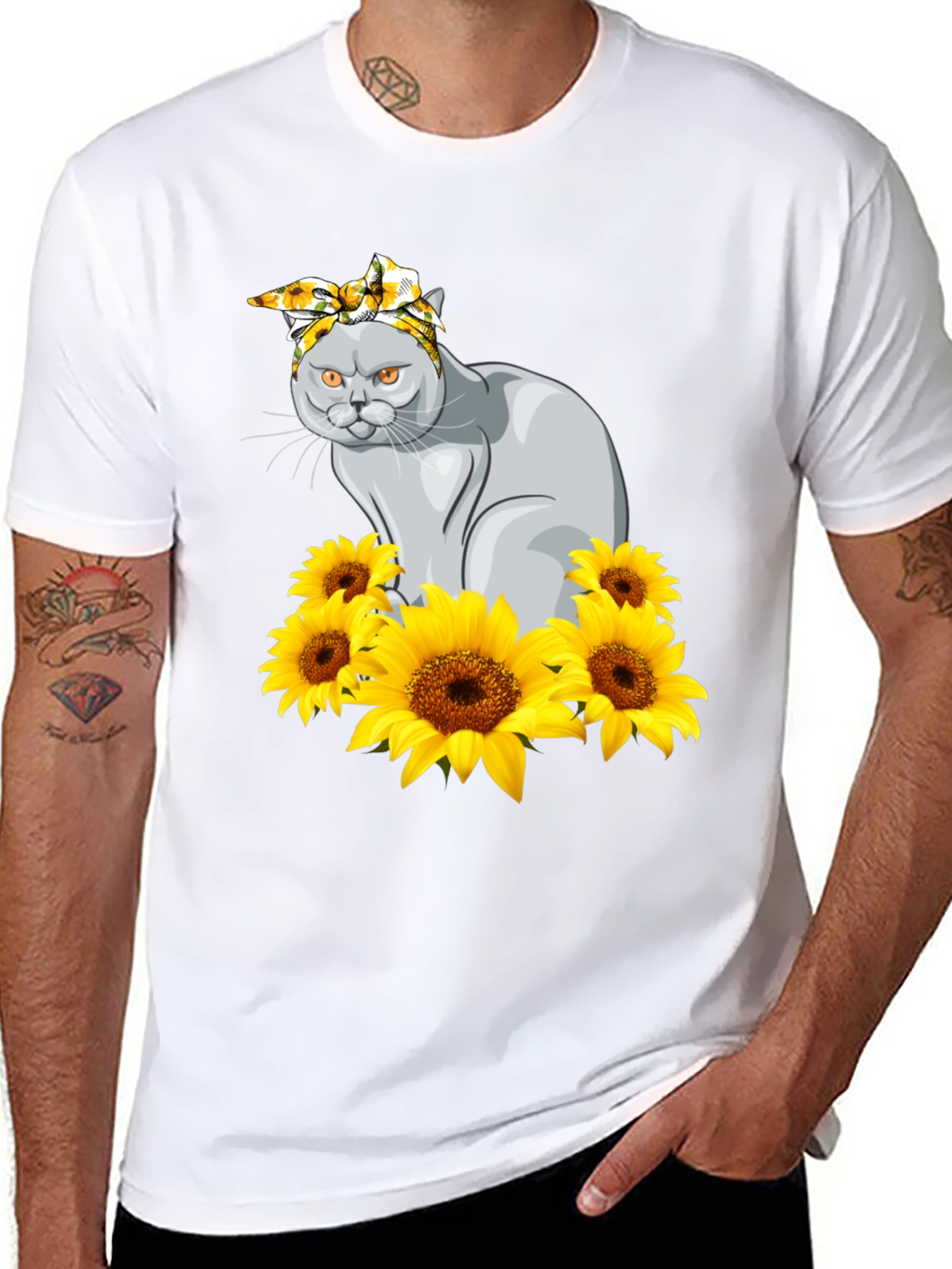Cat in Sunflowers Graphic T-Shirt