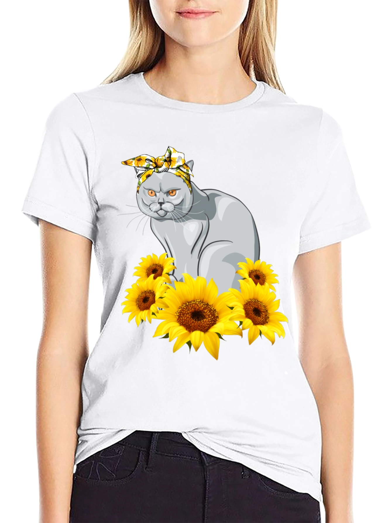 Cat in Sunflowers Graphic T-Shirt