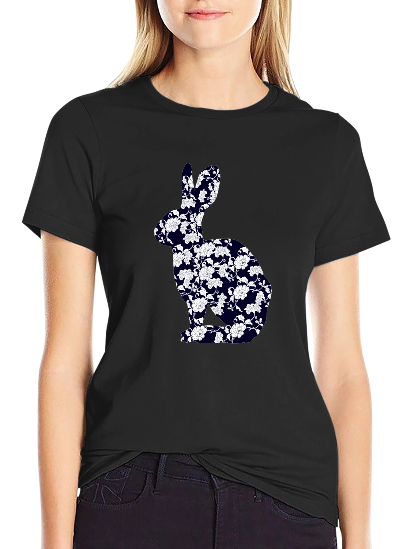 Floral Bunny Graphic Tee - Black