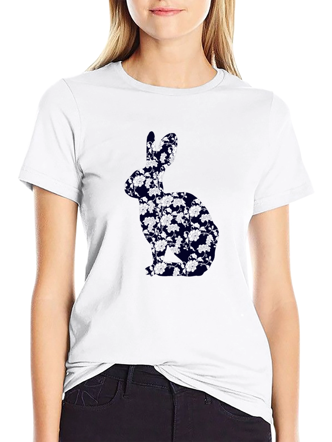 Floral Bunny Graphic Tee - Black