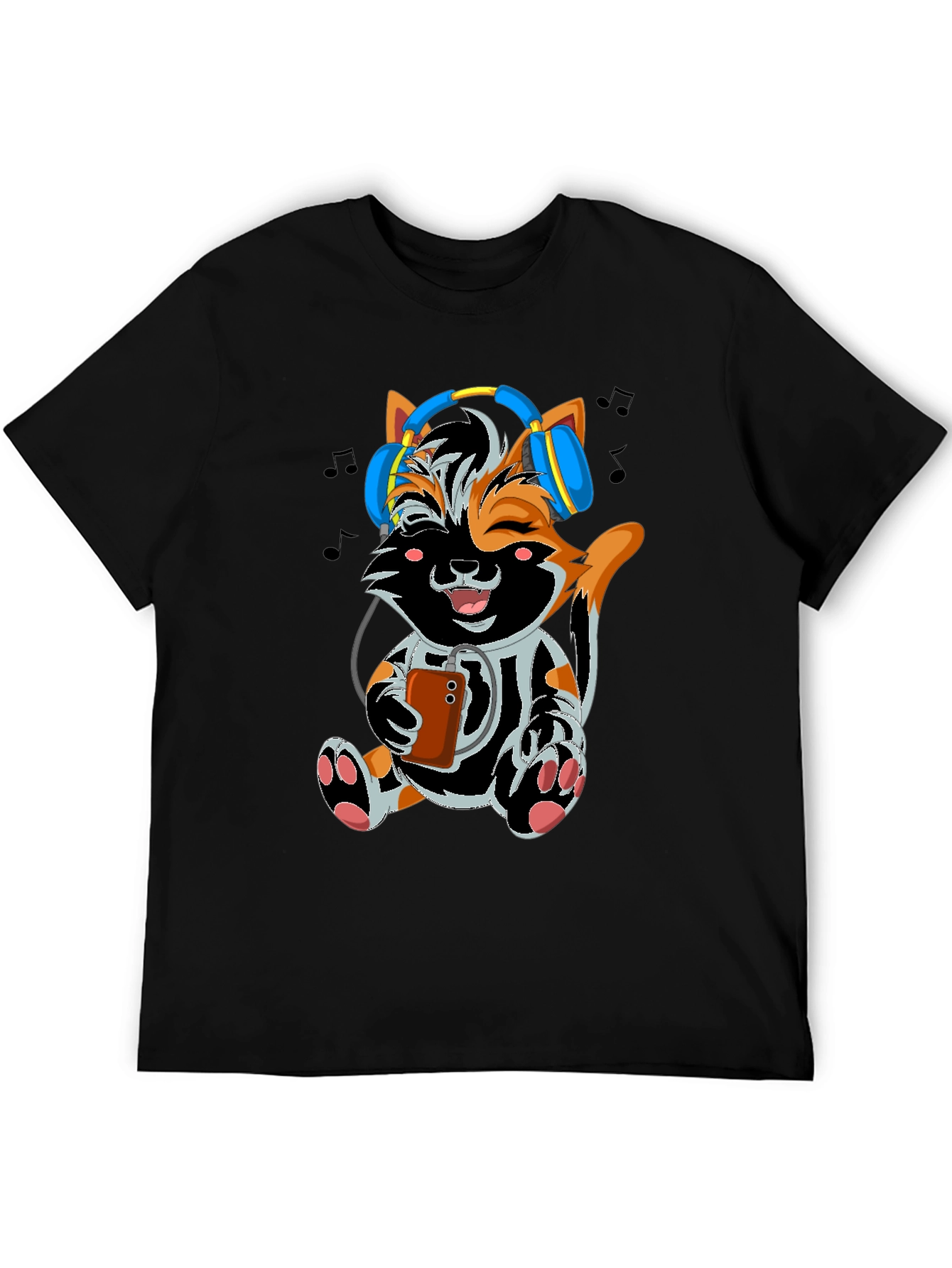 Cute Cat with Headphones Black T-shirt