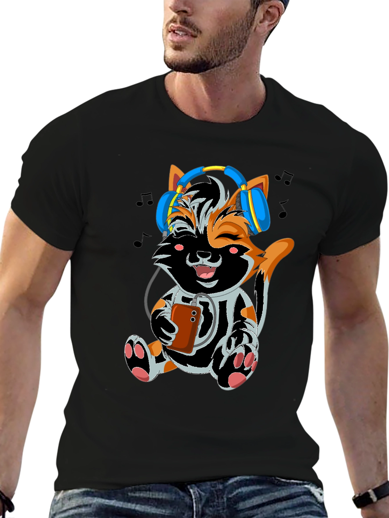 Cute Cat with Headphones Black T-shirt