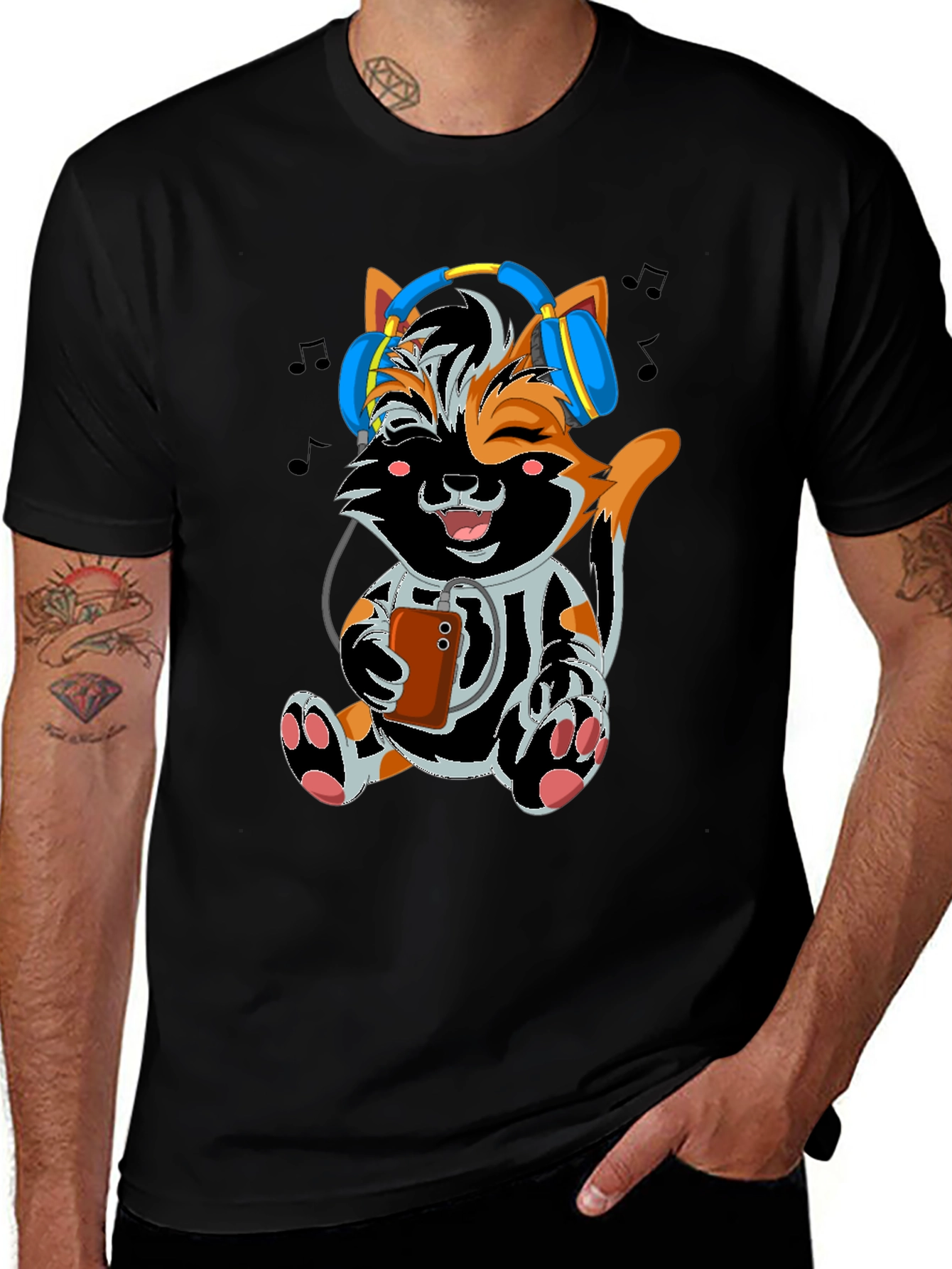 Cute Cat with Headphones Black T-shirt