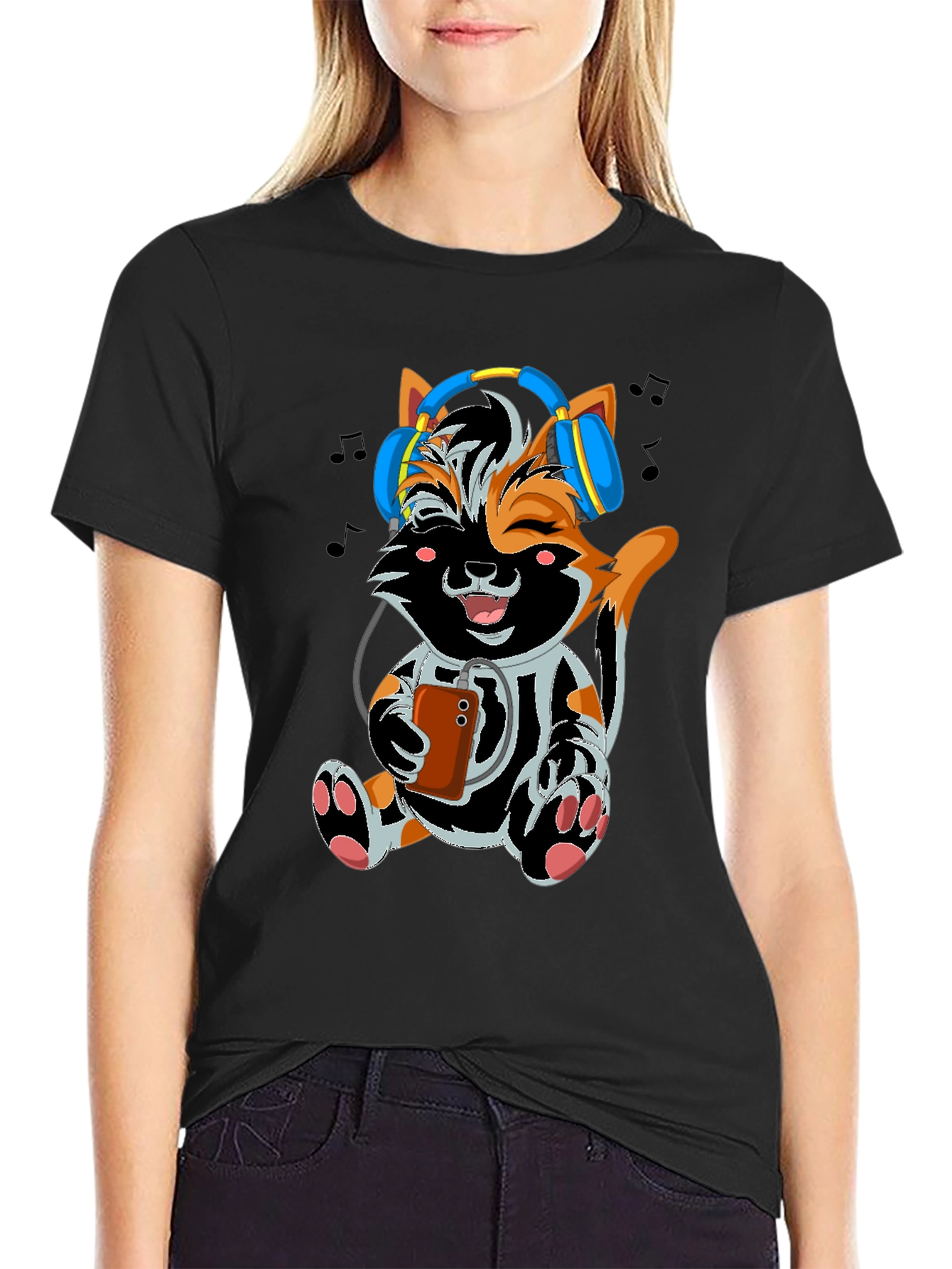 Cute Cat with Headphones Black T-shirt
