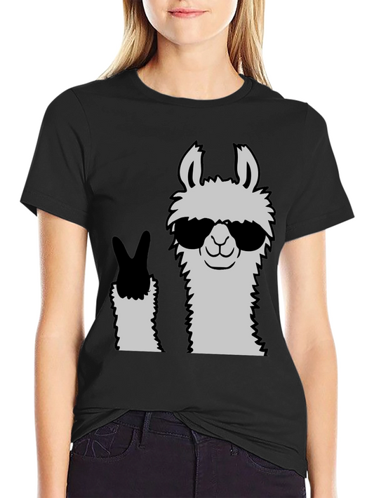 Cool Llama Peace Sign Black T-Shirt