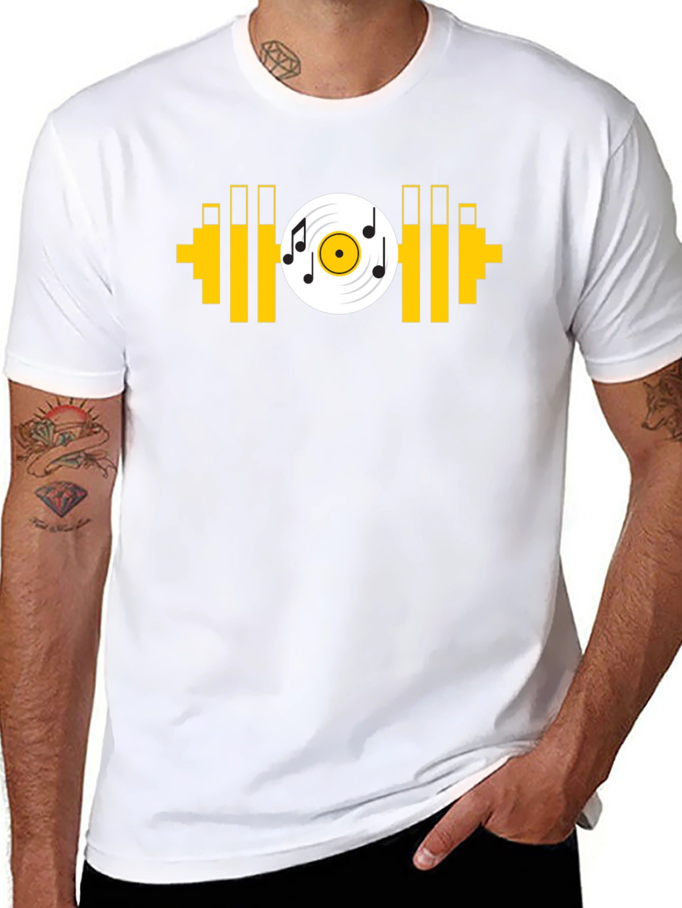Music Gym T-Shirt: Black Tee with Dumbbell Vinyl Graphic