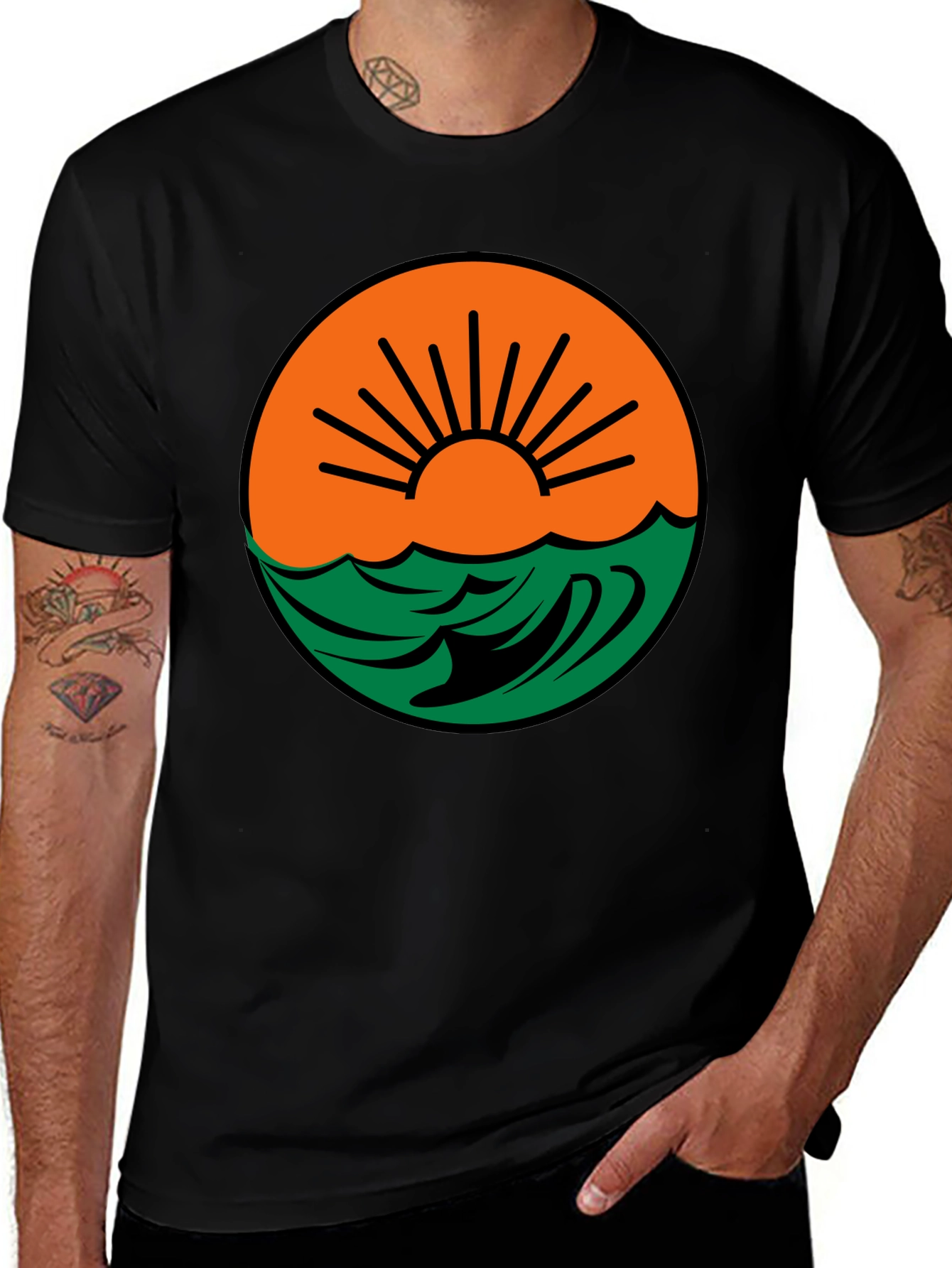 Sunset Wave Graphic Tee - Black Cotton Blend