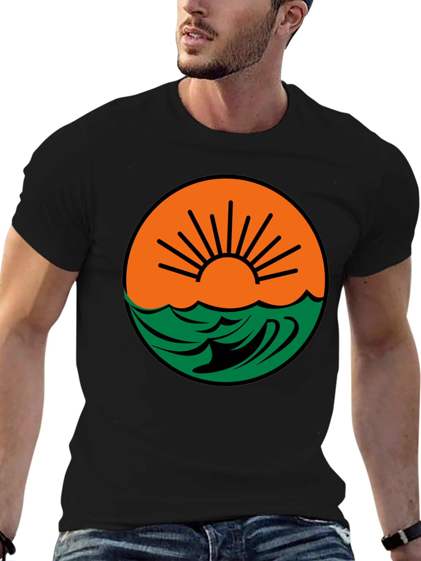 Sunset Wave Graphic Tee - Black Cotton Blend