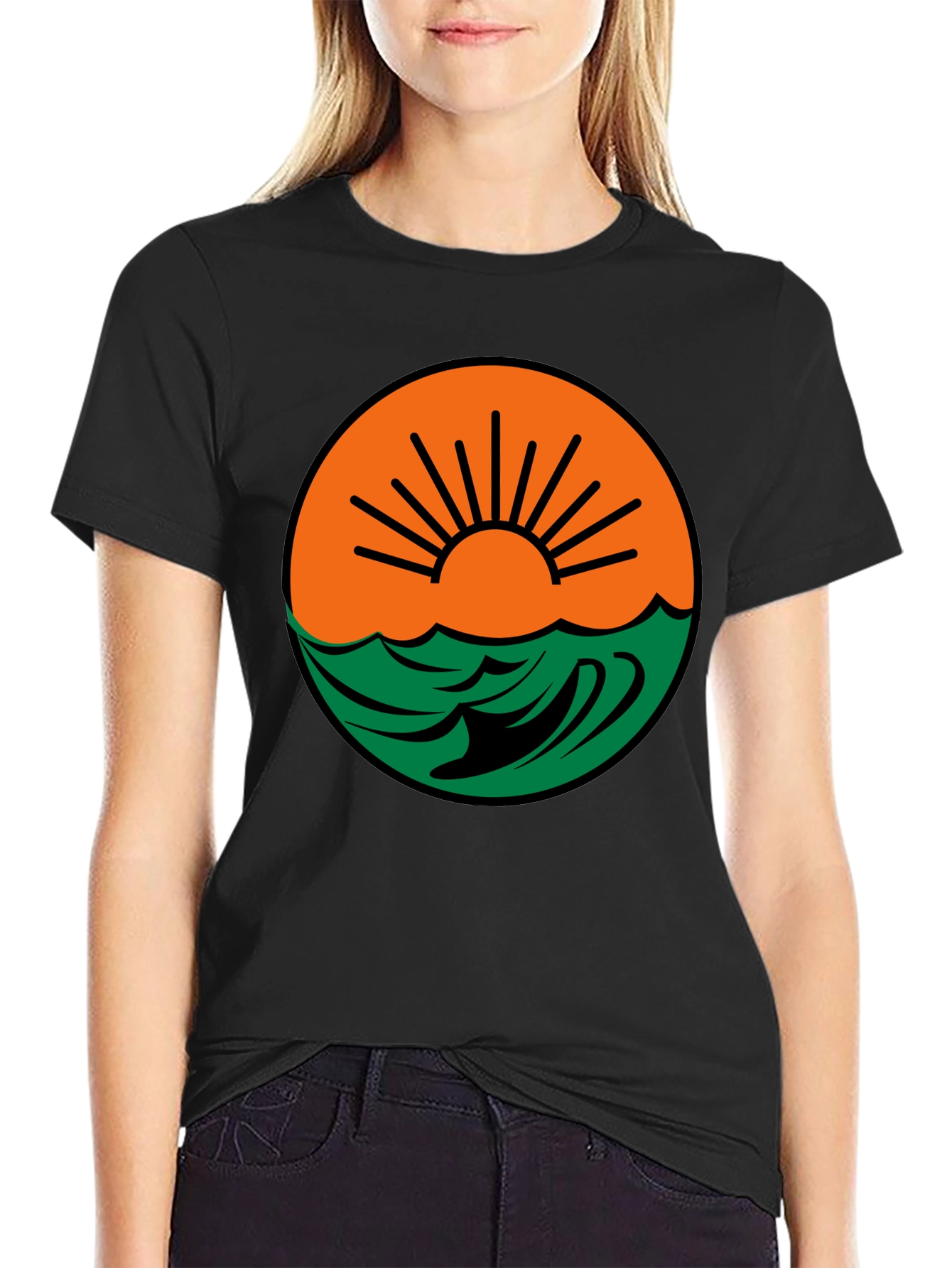 Sunset Wave Graphic Tee - Black Cotton Blend