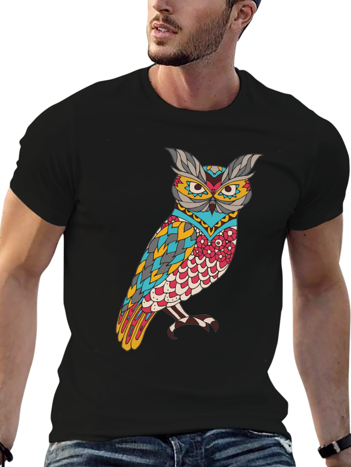 Owl Graphic Print Mens Black T-Shirt