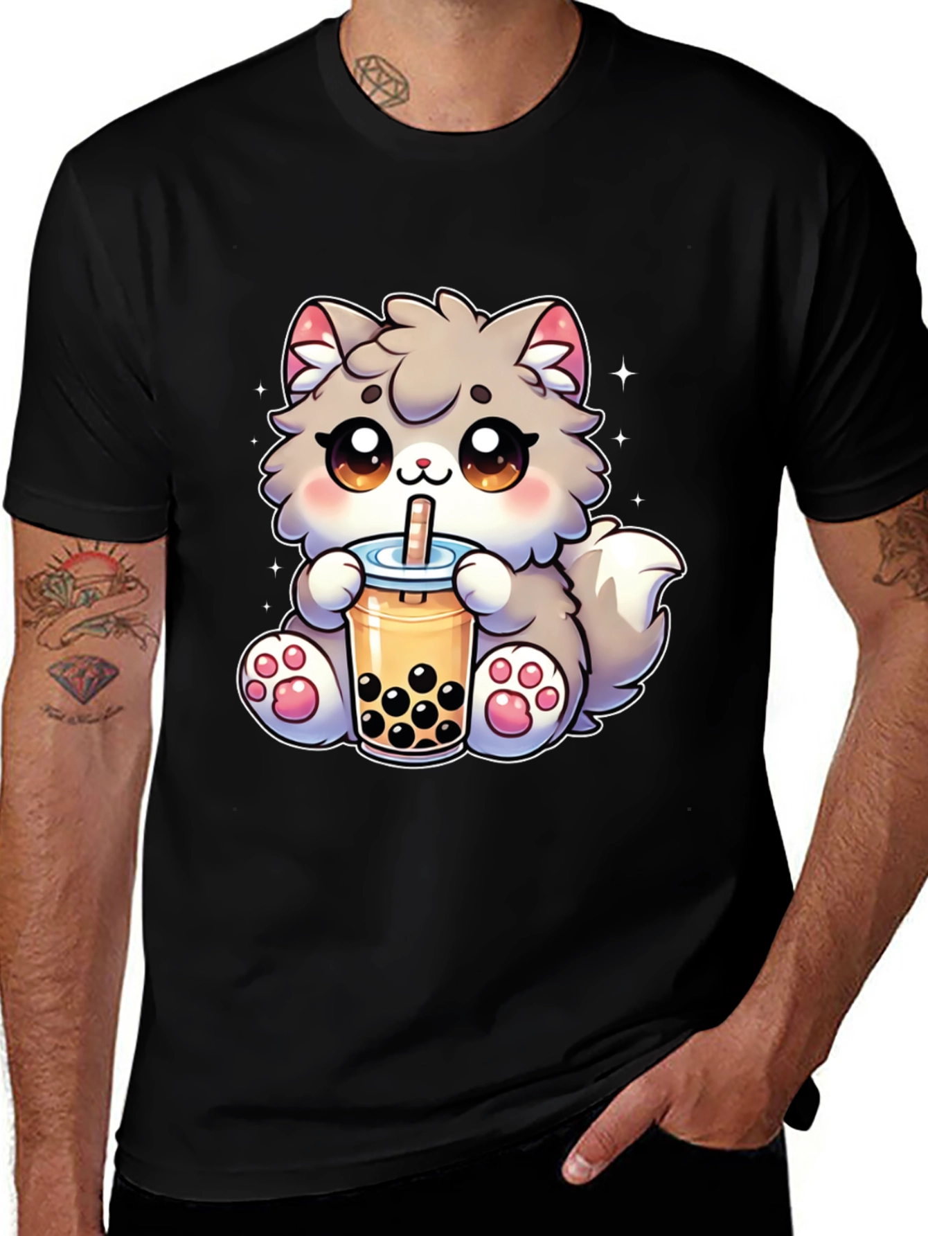 Kawaii Cat Bubble Tea Black T-Shirt