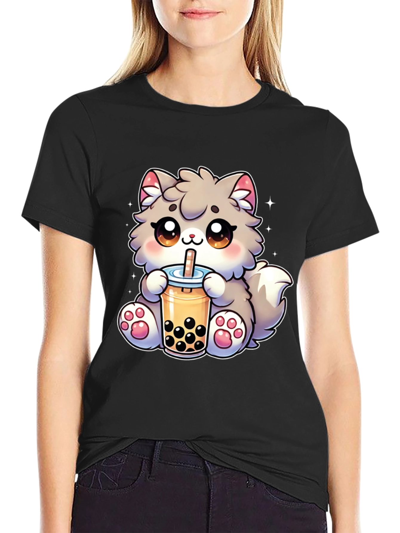 Kawaii Cat Bubble Tea Black T-Shirt