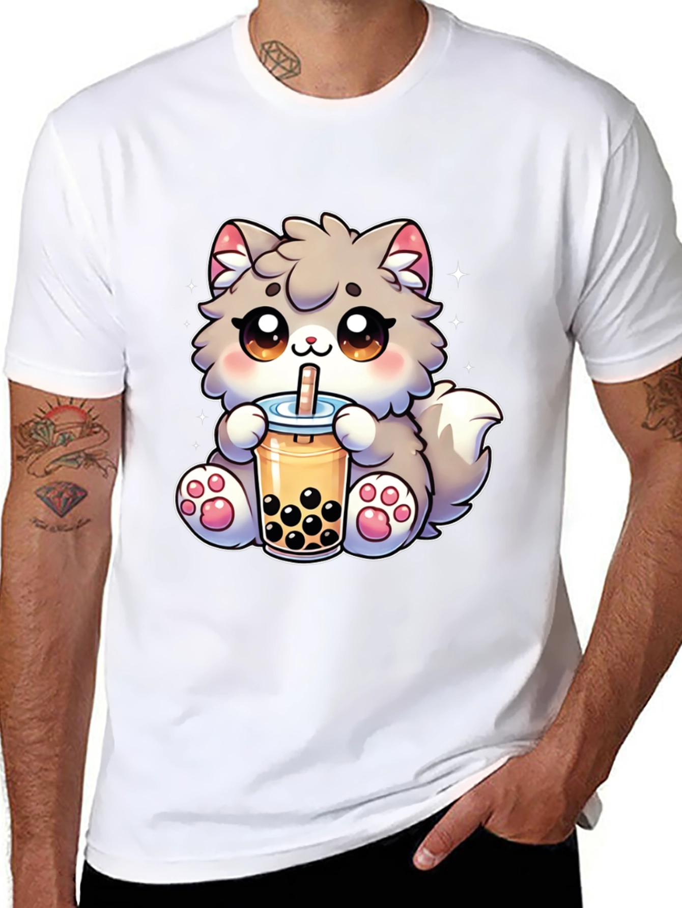 Kawaii Cat Bubble Tea Black T-Shirt