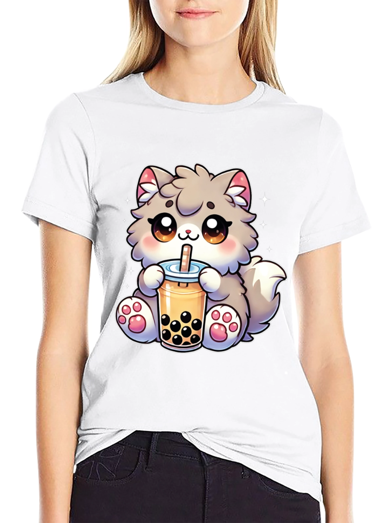 Kawaii Cat Bubble Tea Black T-Shirt