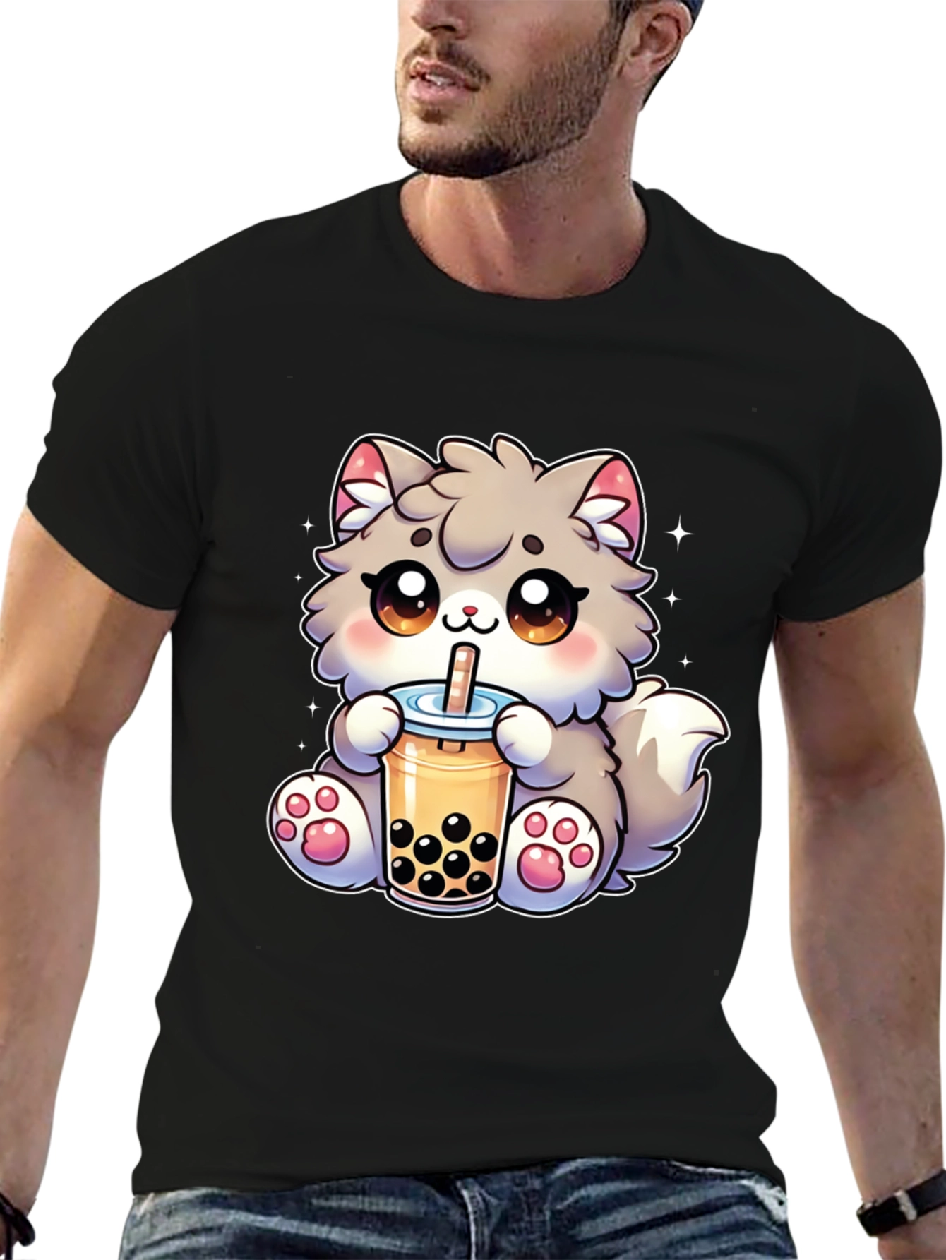 Kawaii Cat Bubble Tea Black T-Shirt