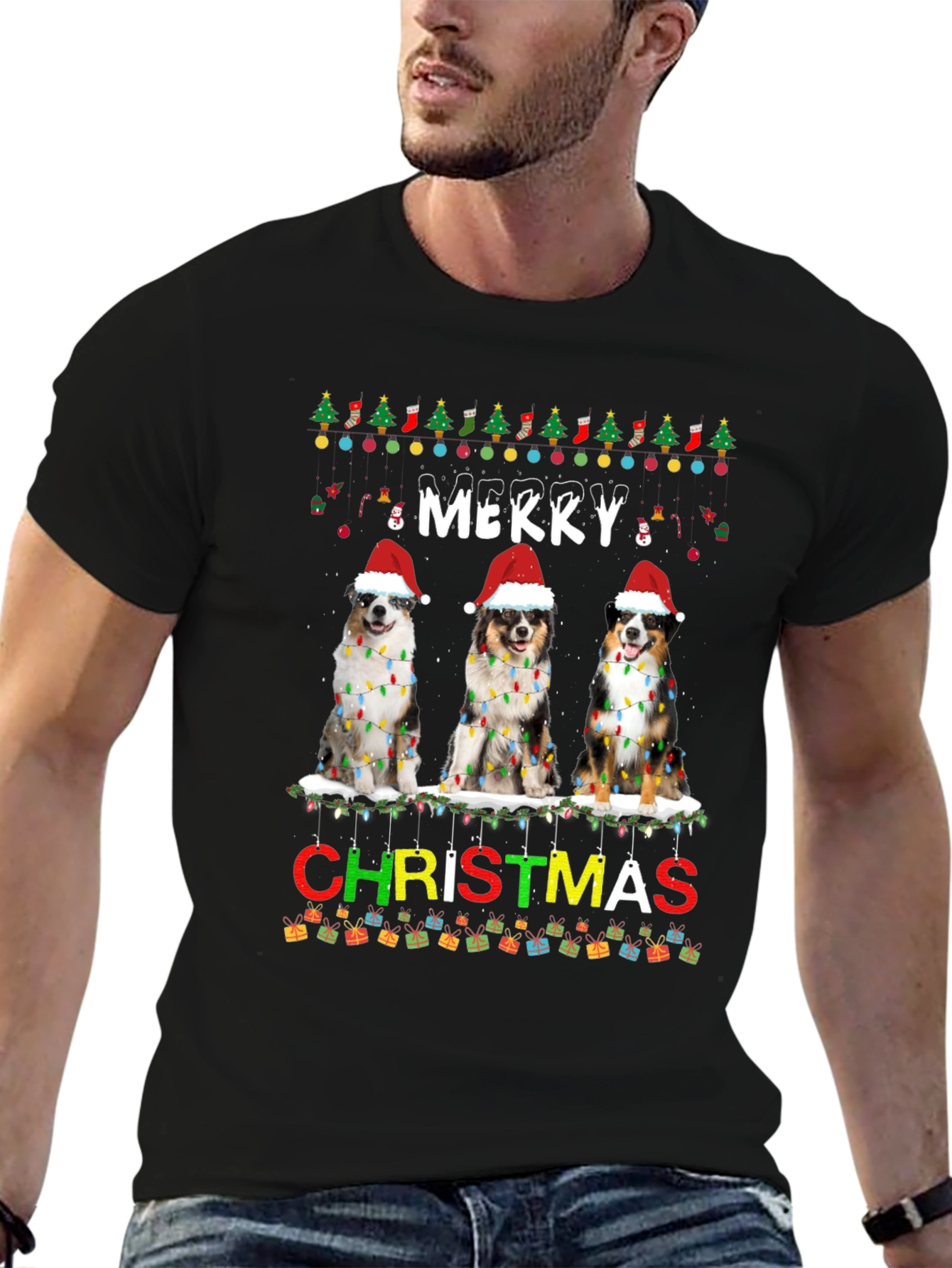 Merry Christmas Dogs Black T-Shirt