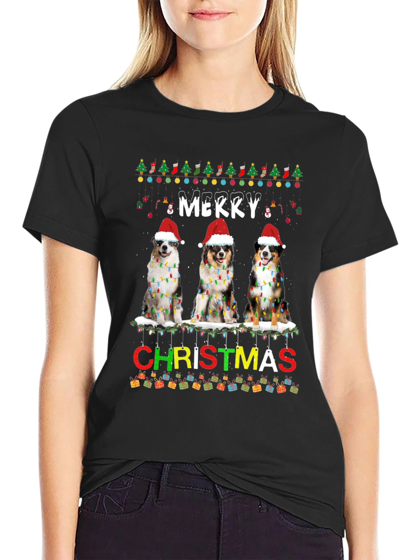 Merry Christmas Dogs Black T-Shirt