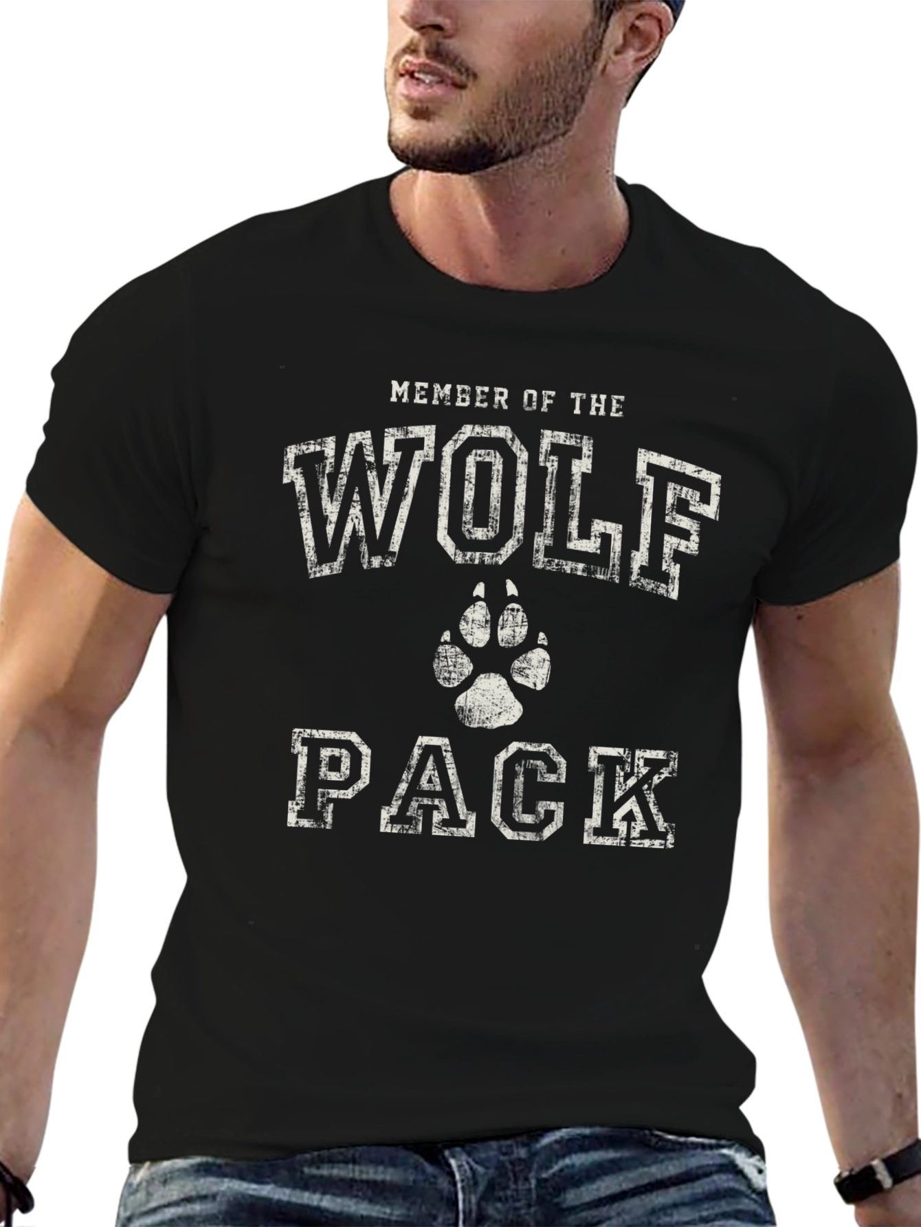 Wolf Pack Member Black Cotton Graphic T-Shirt