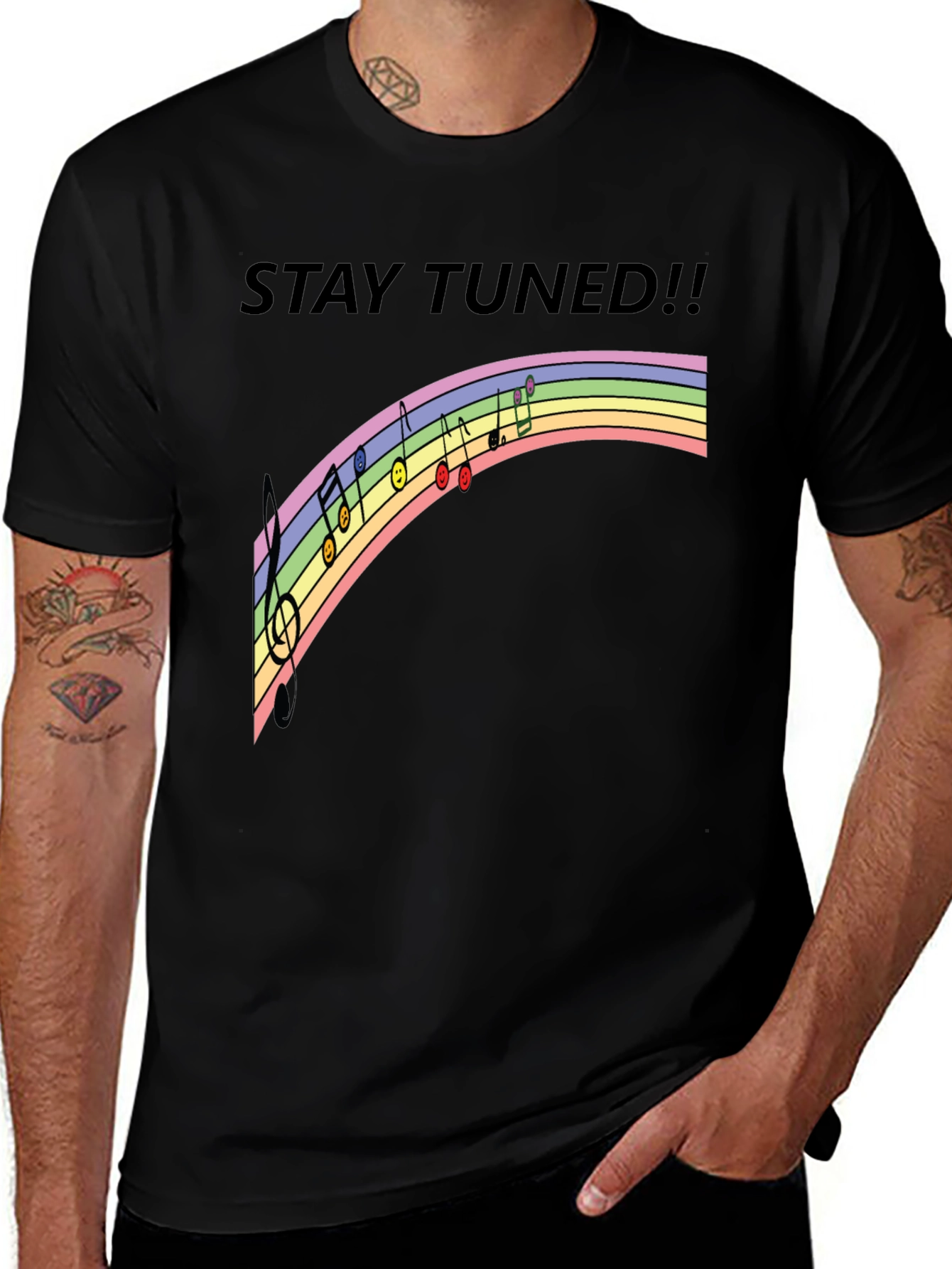 Stay Tuned Rainbow Music Notes Black T-Shirt