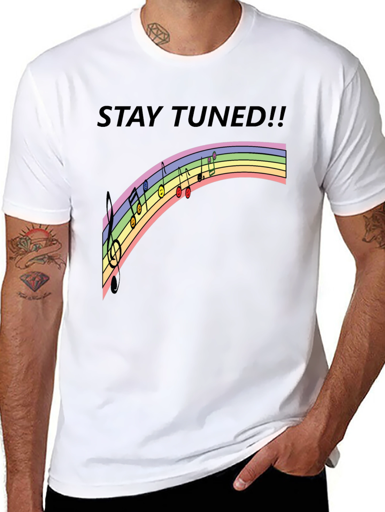 Stay Tuned Rainbow Music Notes Black T-Shirt