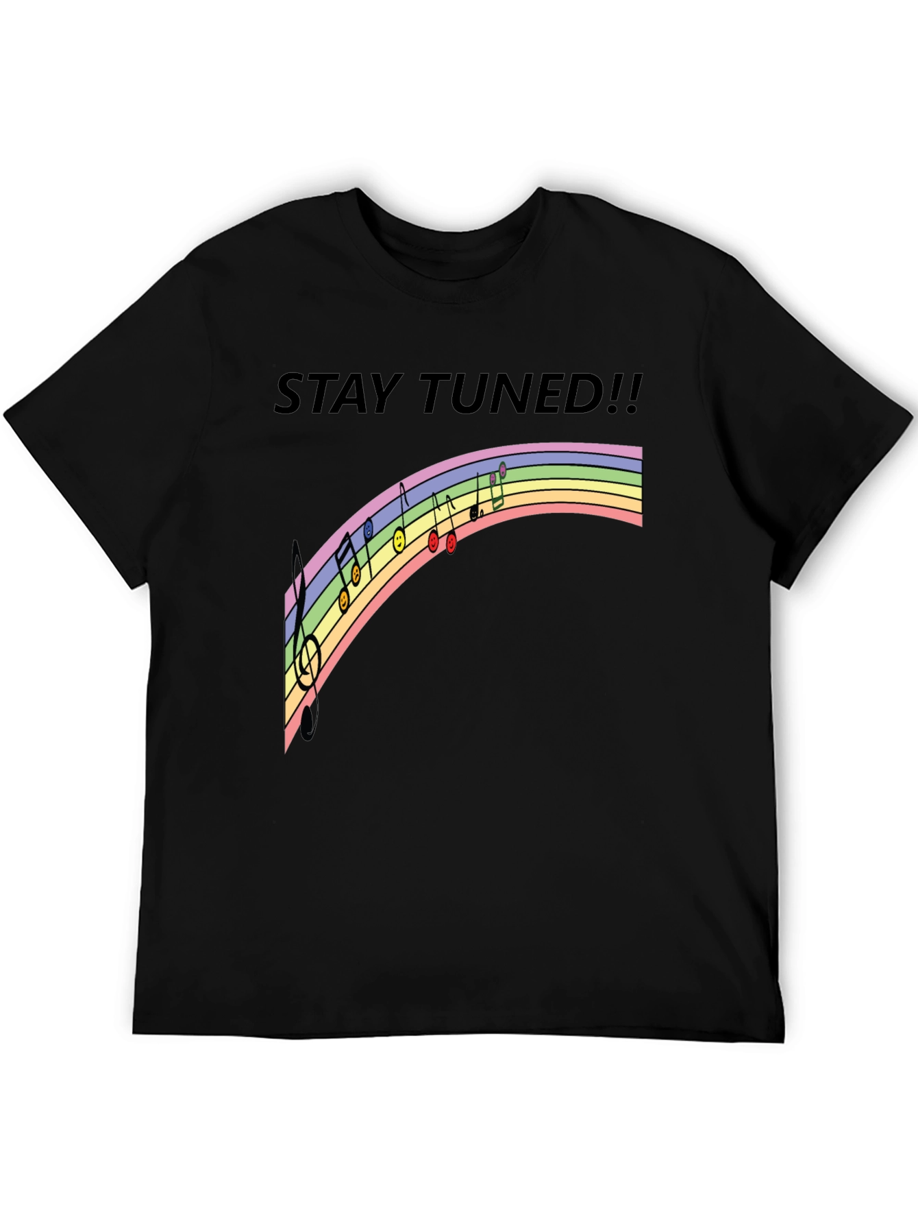 Stay Tuned Rainbow Music Notes Black T-Shirt