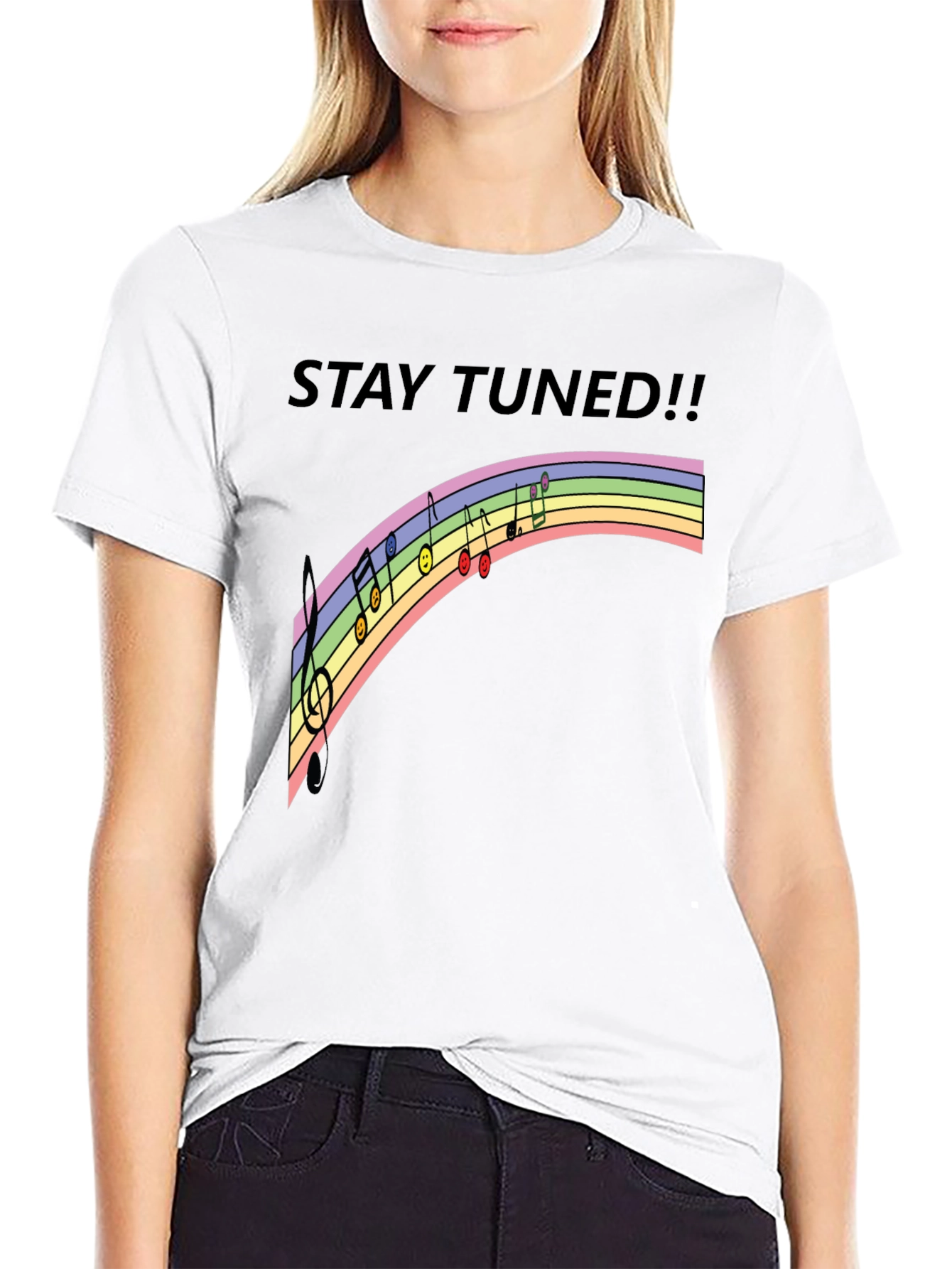Stay Tuned Rainbow Music Notes Black T-Shirt