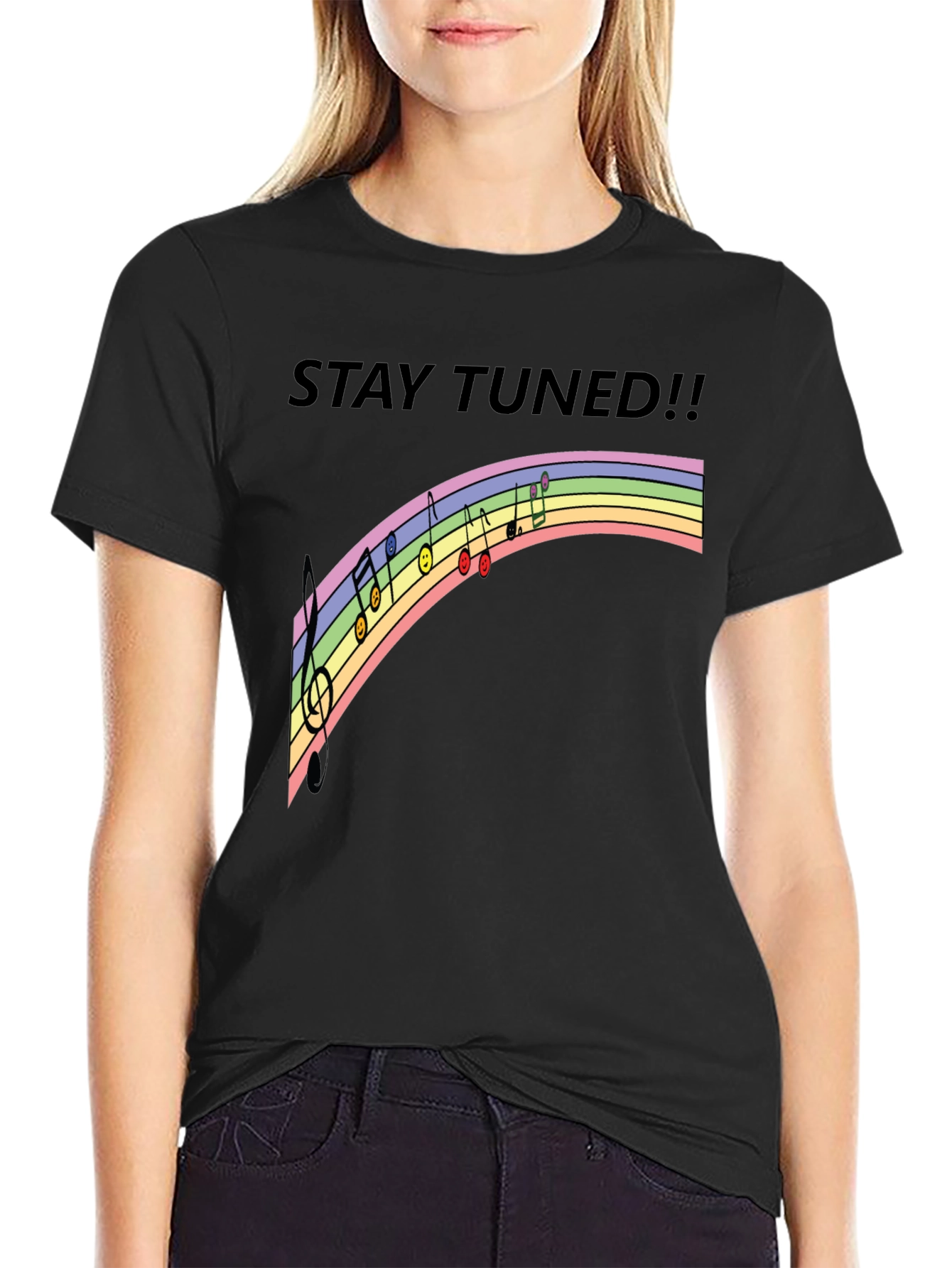Stay Tuned Rainbow Music Notes Black T-Shirt