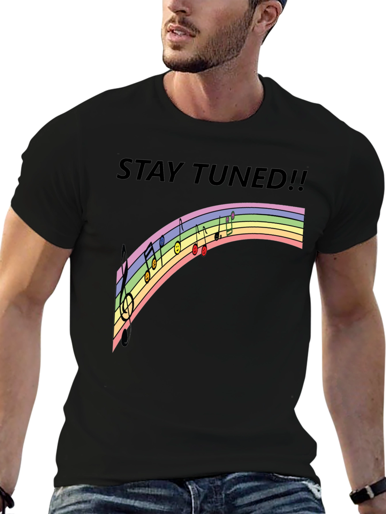 Stay Tuned Rainbow Music Notes Black T-Shirt