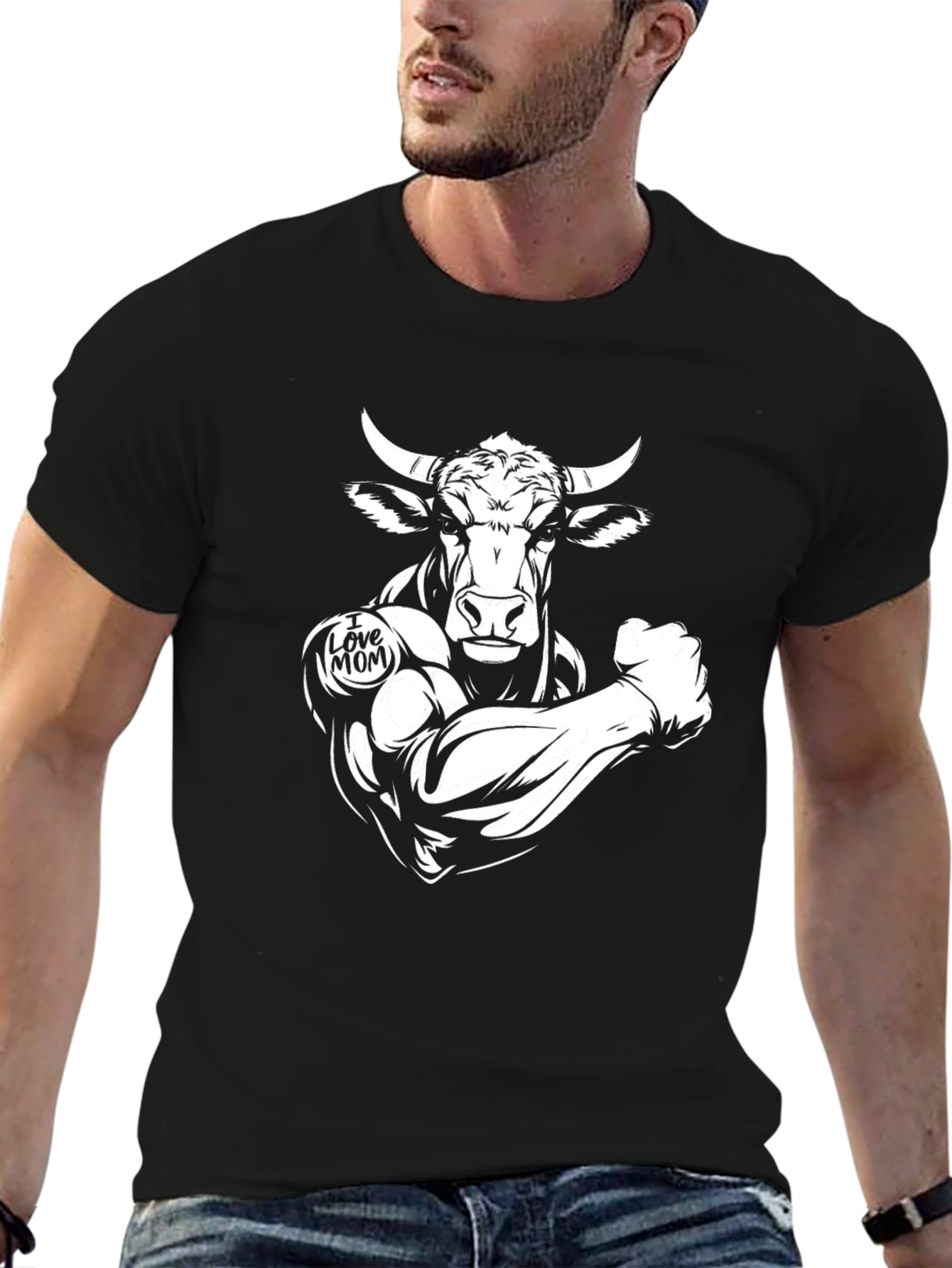 Black Bull Muscle Tee - I Love Mom Design