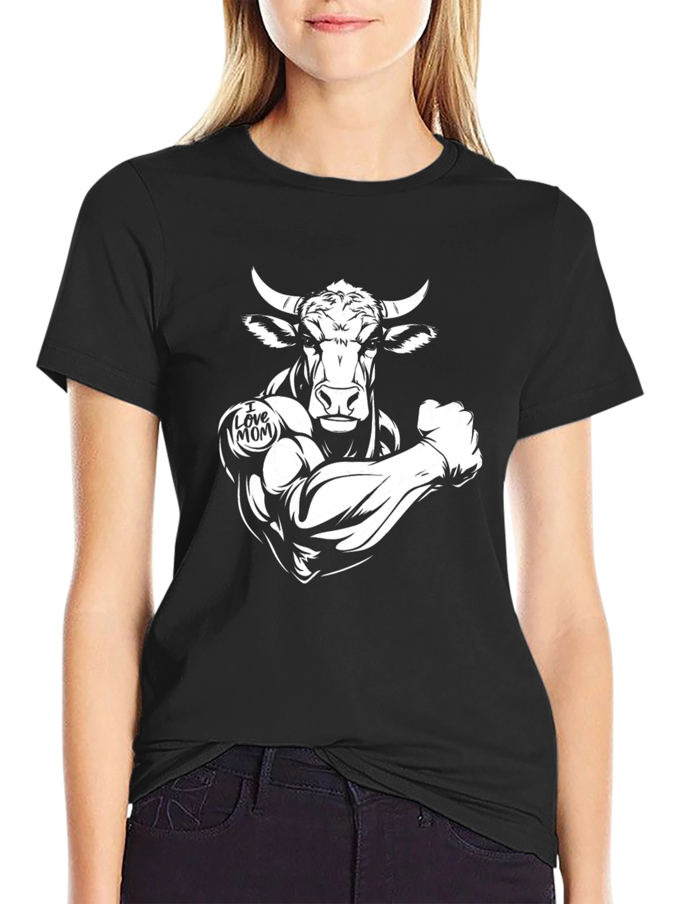 Black Bull Muscle Tee - I Love Mom Design