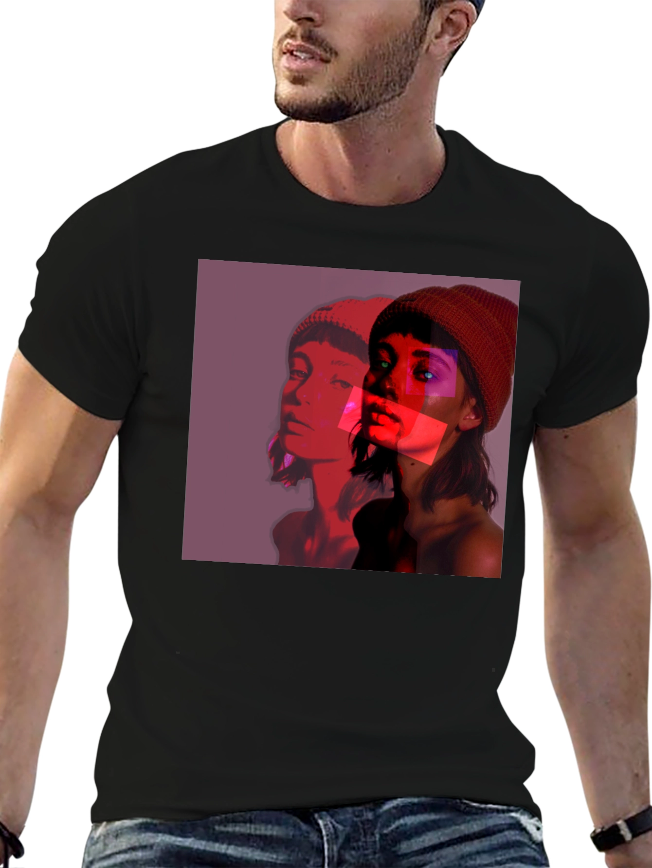 Abstract Portrait Graphic Tee - Black Crew Neck
